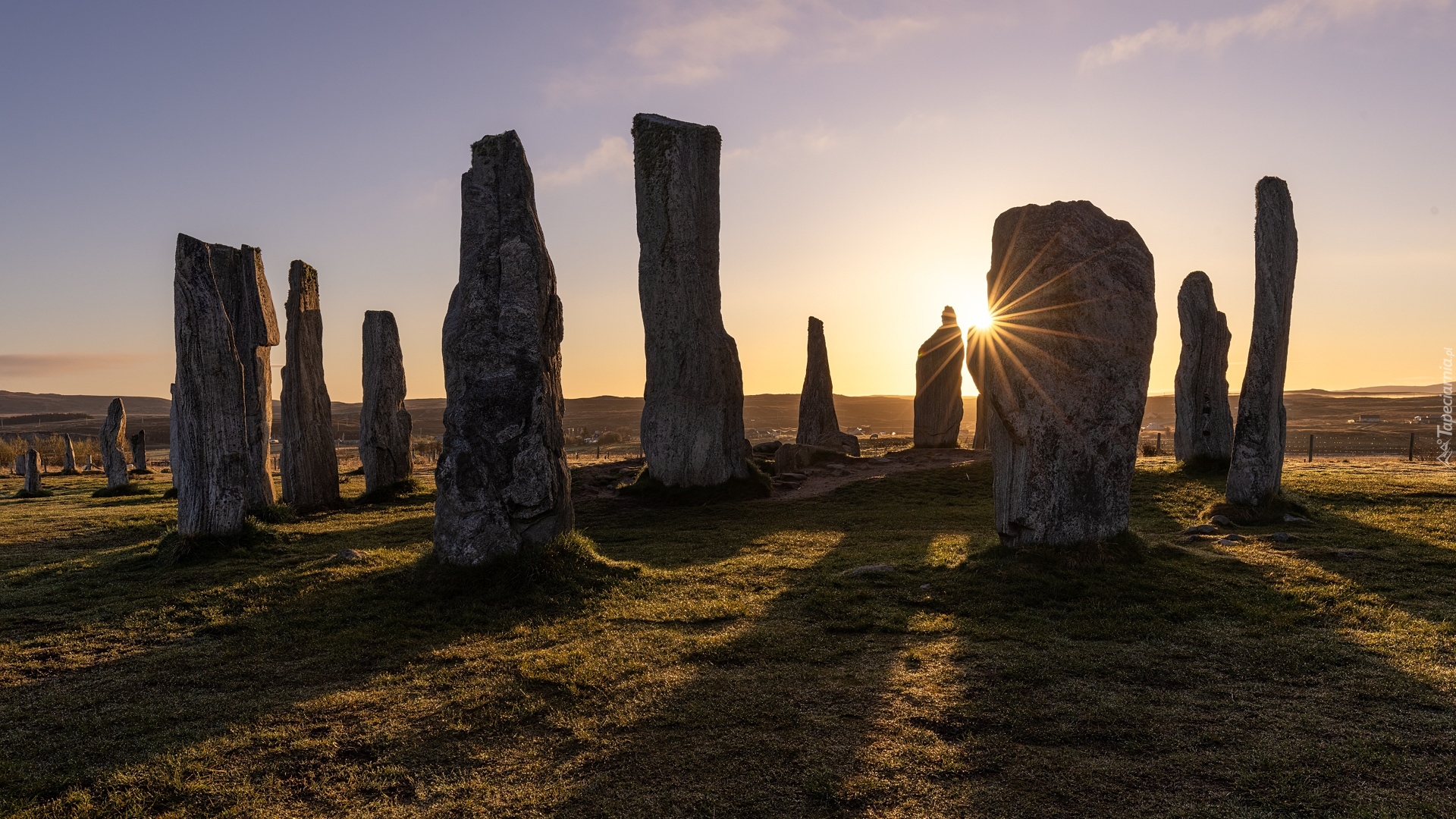 Kamienny, Krąg, Monolity, Calanais Standing Stones, Kamienie, Wschód słońca, Wyspa Harris, Szkocja