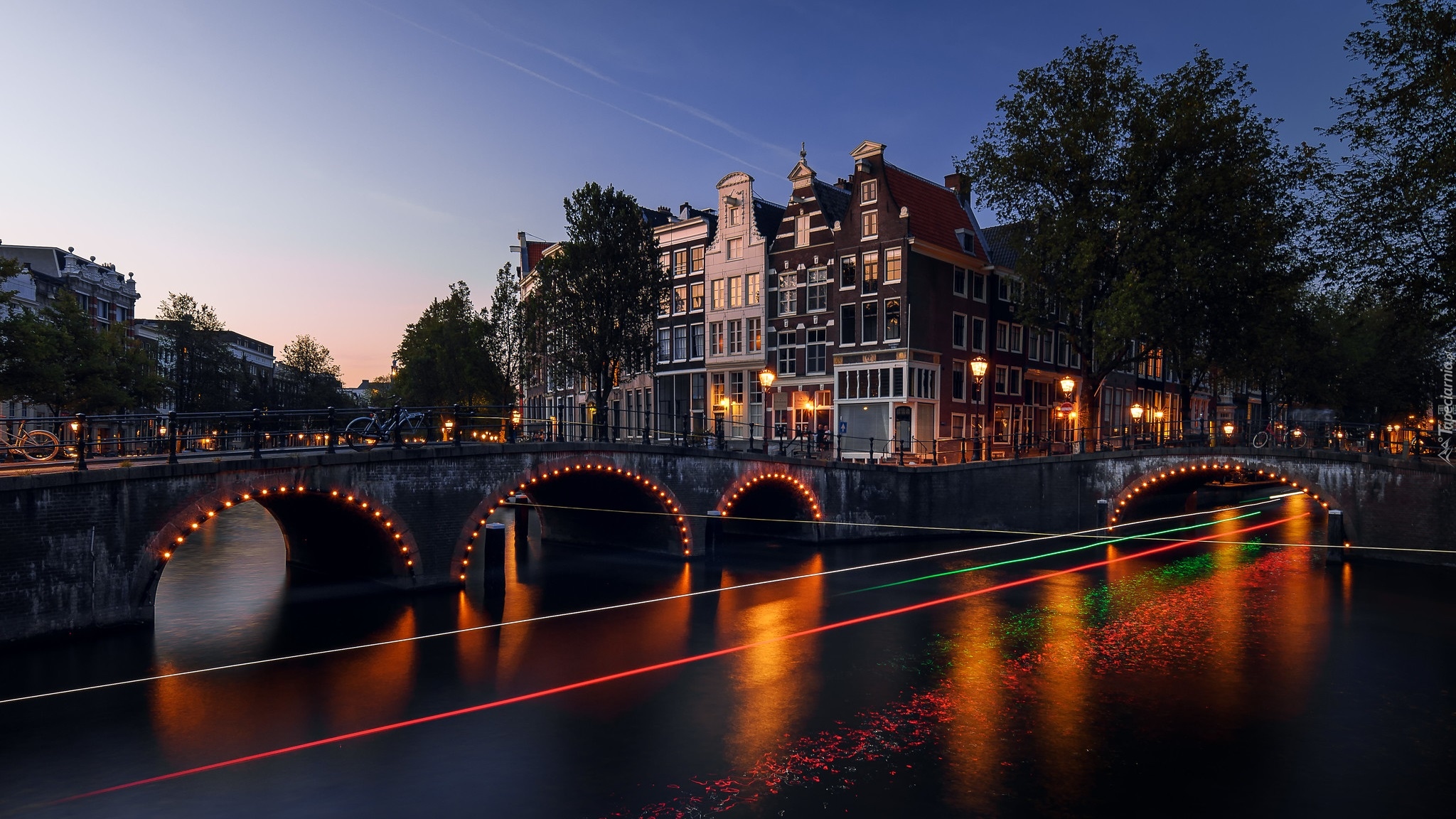 Most, Kanał Leidsegracht, Domy, Światła, Miasto, Amsterdam, Holandia