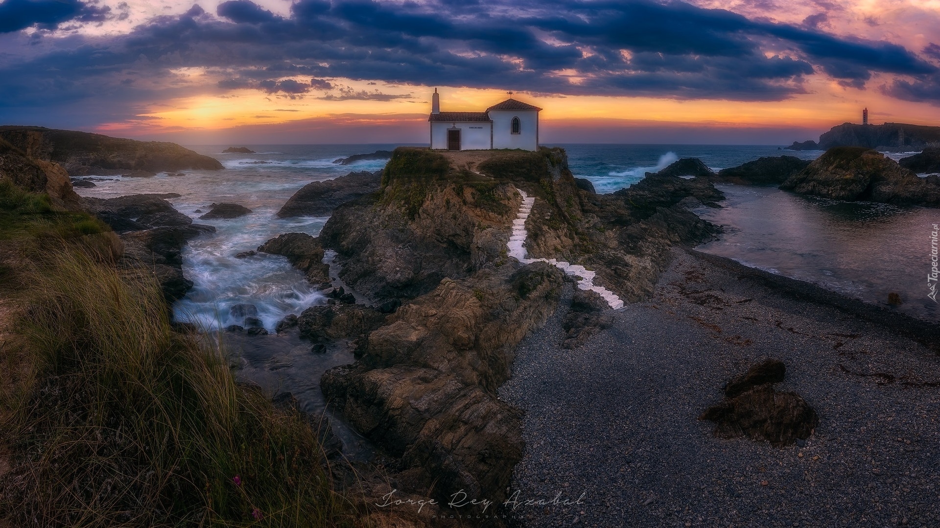 Zachód słońca, Morze, Skały, Kaplica, Virxe do Porto, Hiszpania