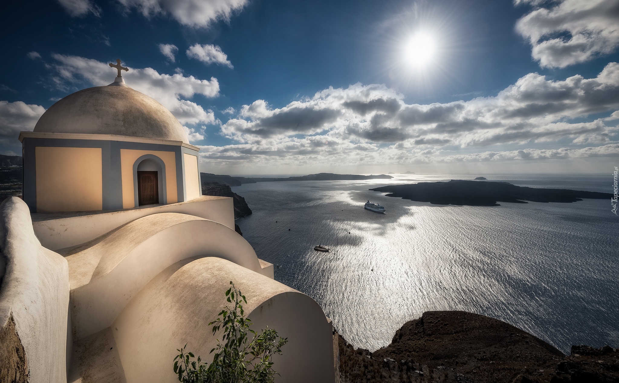 Grecja, Santorini, Wschód słońca, Świt, Morze Egejskie,  Kościół Agios Stylianos