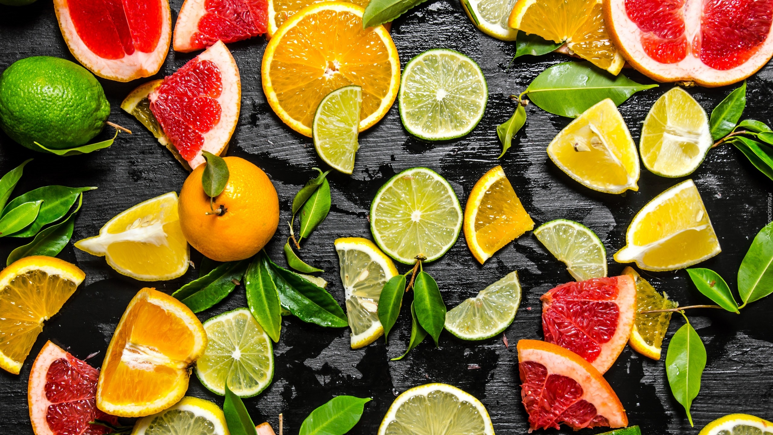 Owoce, Cytrusy, Limonki, Mandarynki, Pomarańcze, Kawałki, Plasterki