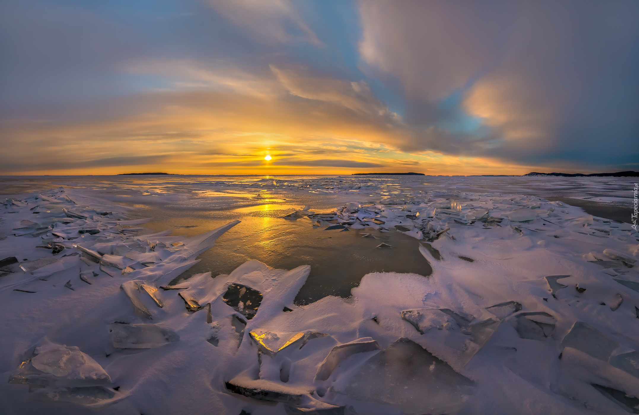 Jezioro Ładoga, Zima, Lód, Wschód słońca, Chmury, Karelia, Rosja