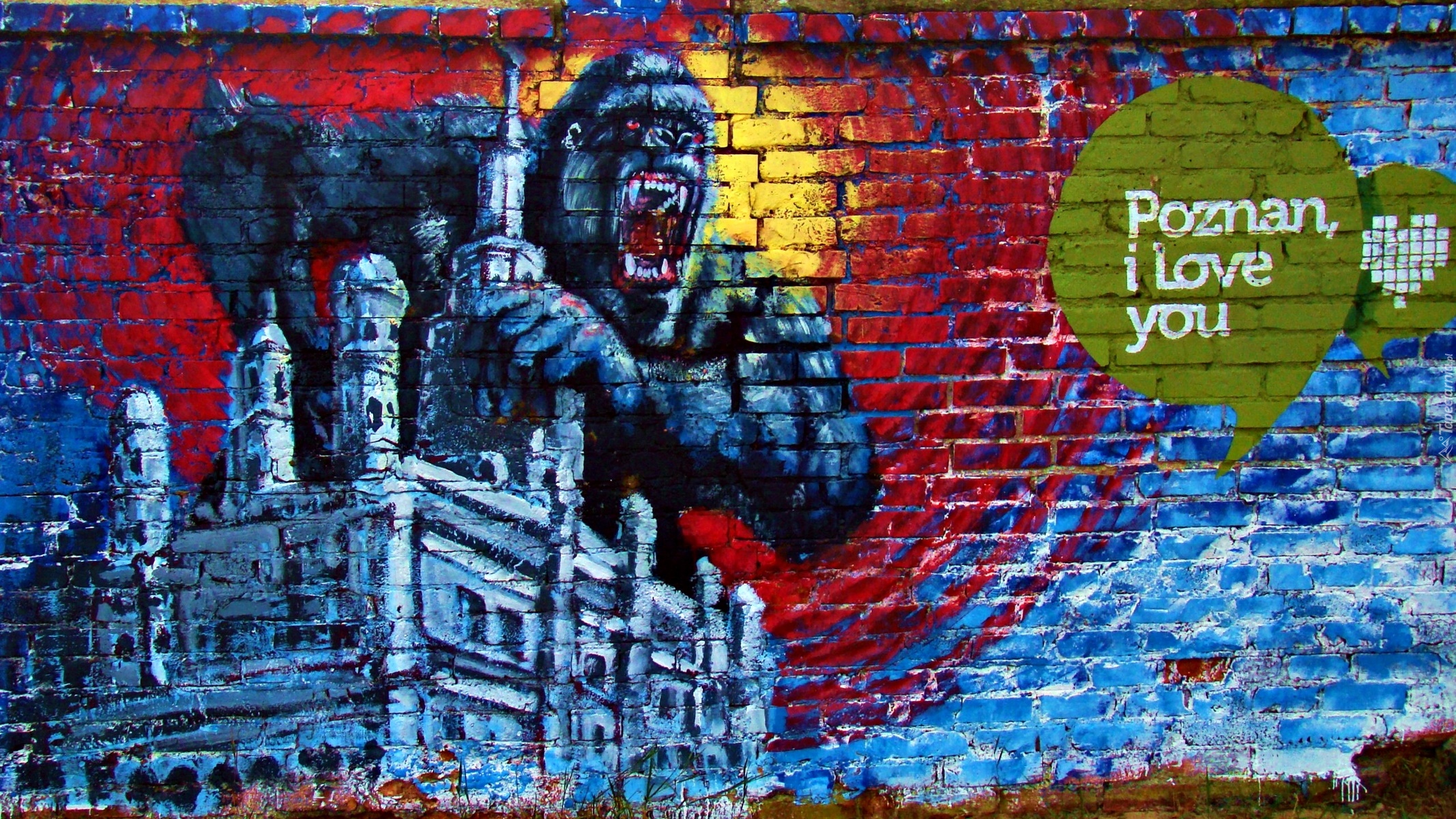 Mural, Ściana, King Kong, Napis, Street art