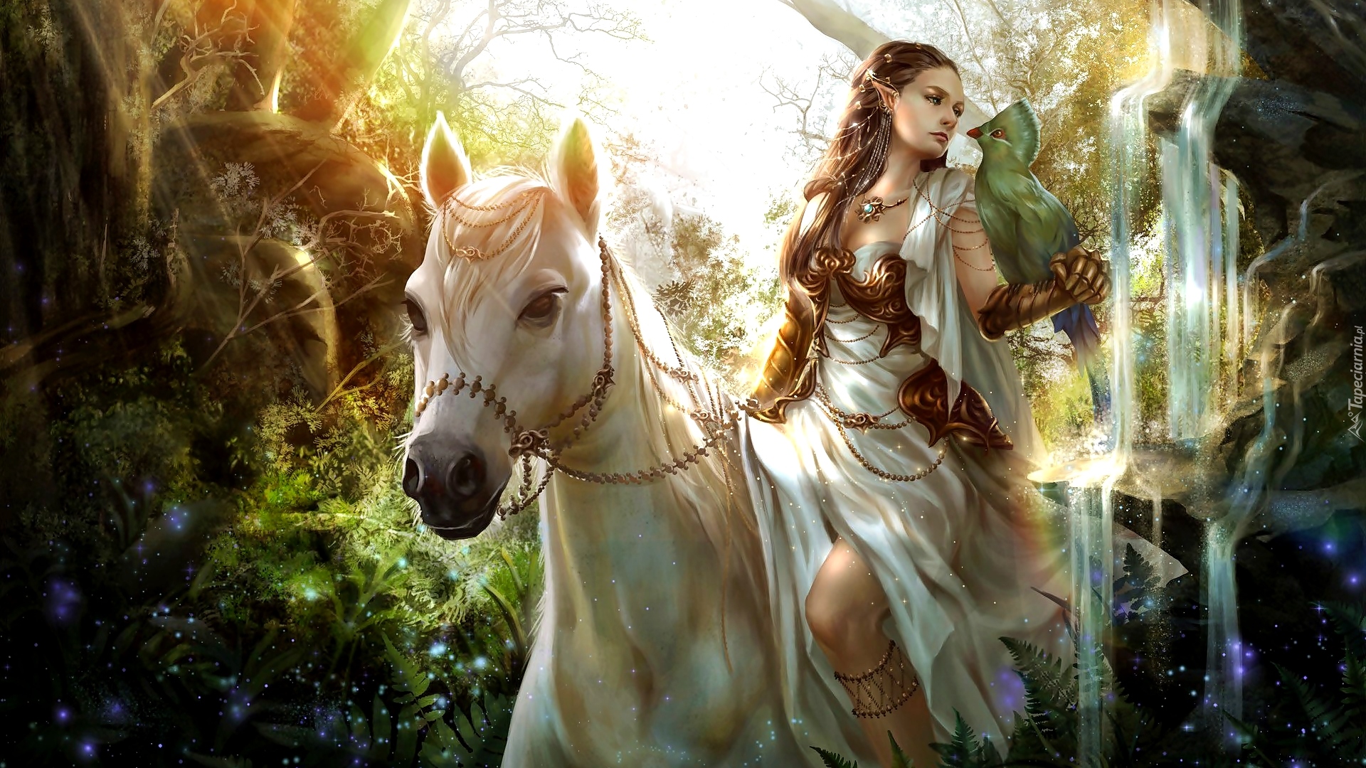 Kobieta, Elf, Biały, Koń, Ptak, Rośliny, Fantasy
