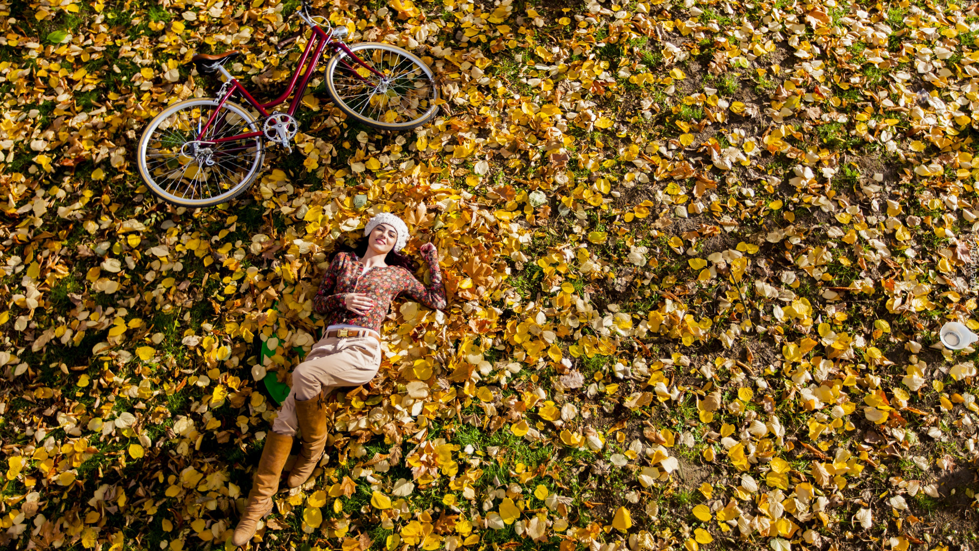 Jesień, Liście, Kobieta, Rower