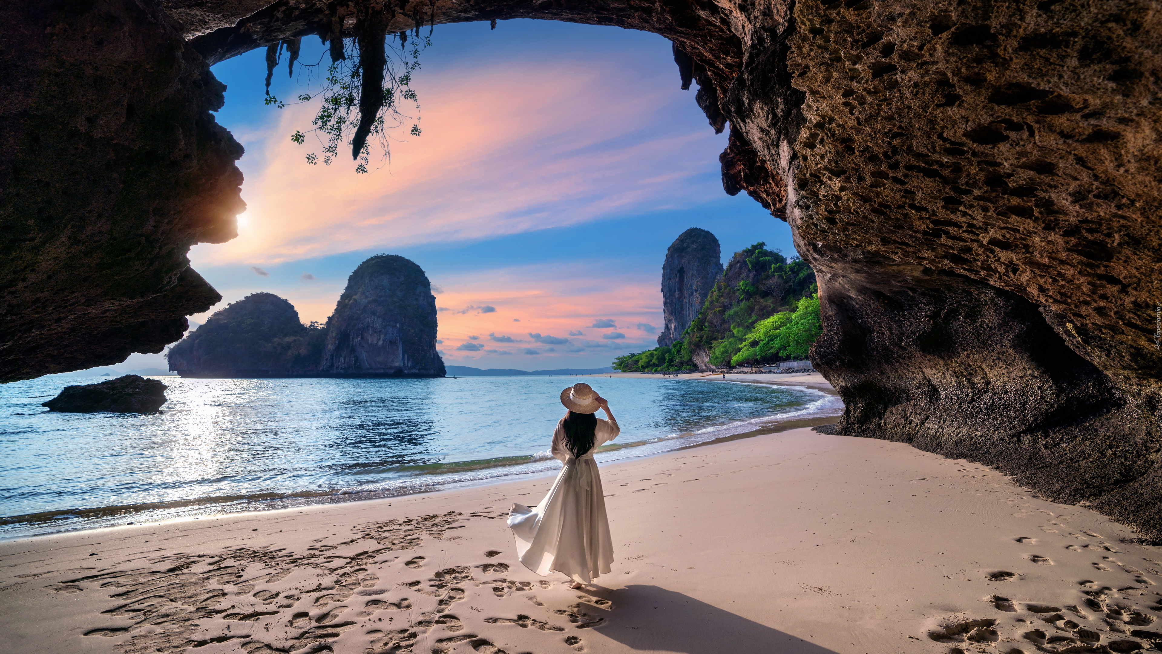 Kobieta, Kapelusz, Biała, Sukienka, Plaża Railay, Skały, Tajlandia