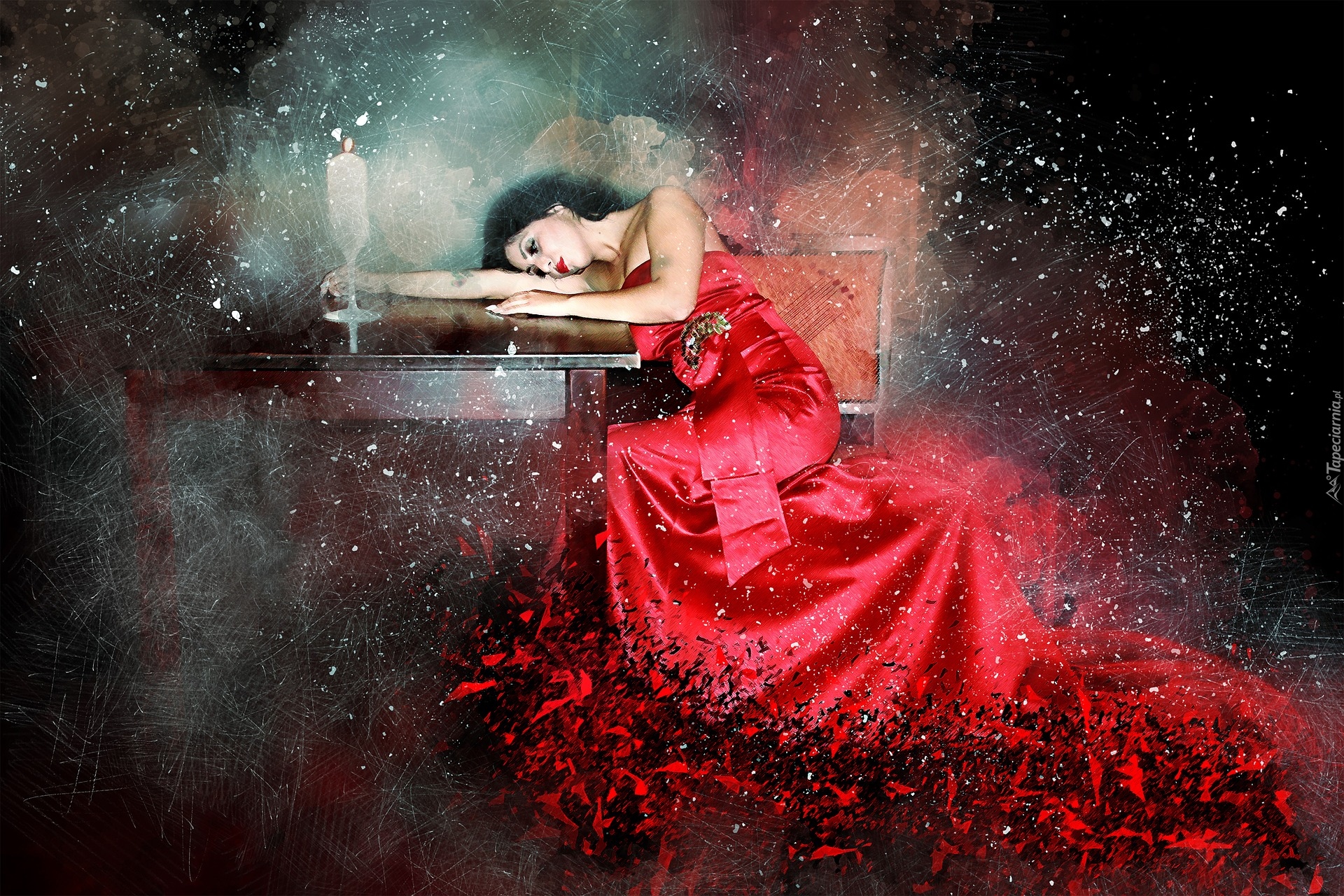 Kobieta, Czerwona, Suknia, Stół, Paintography