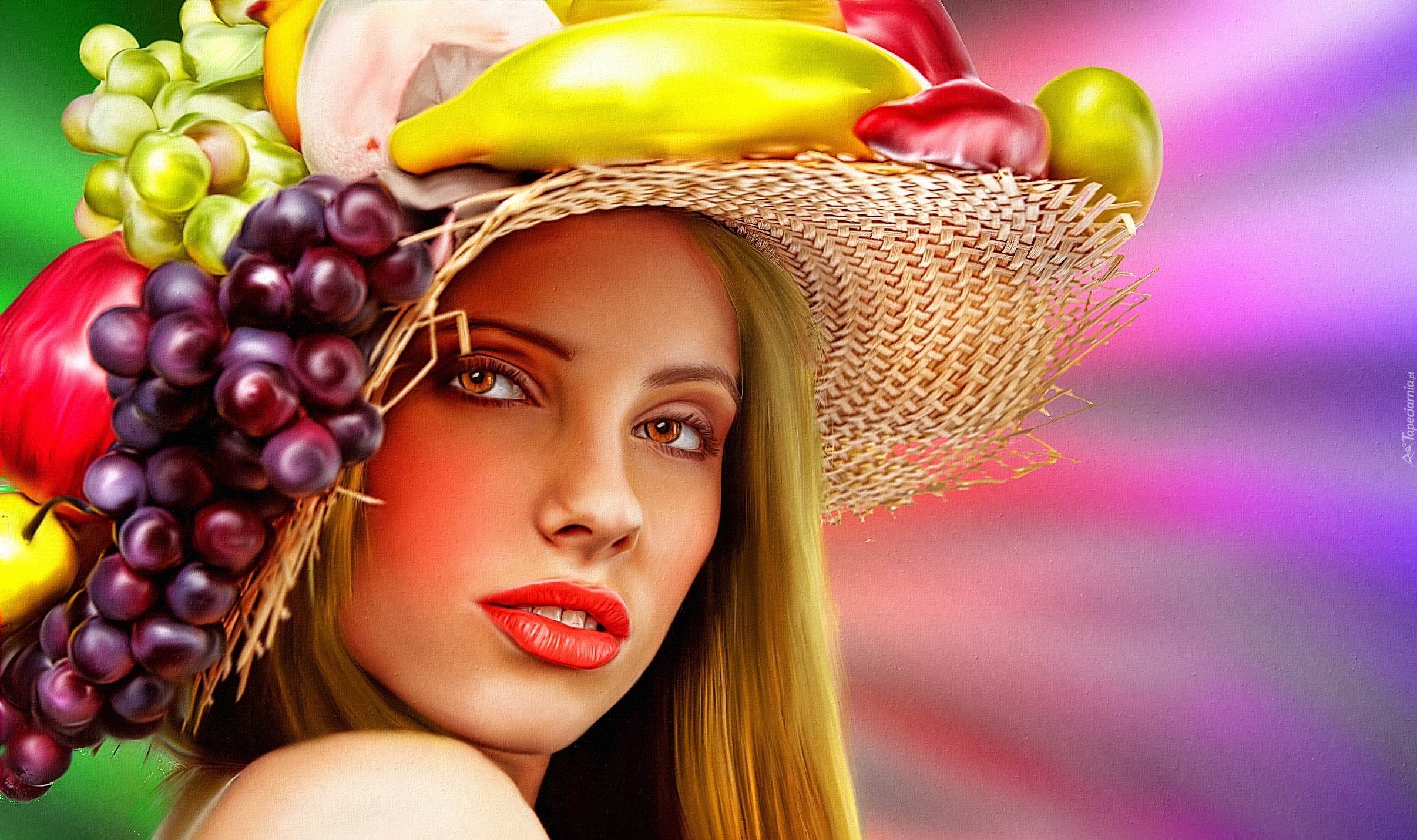 Kobieta, Kapelusz, Owoce, Grafika 2D