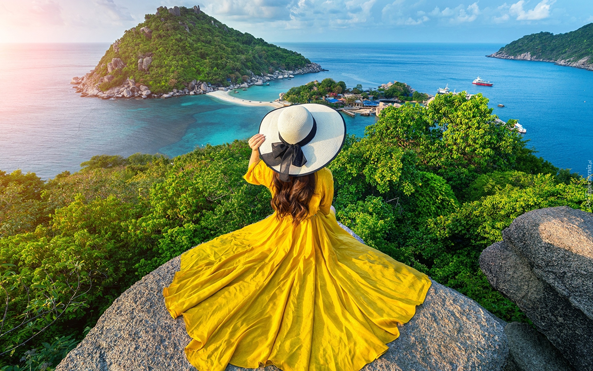 Kobieta, Kapelusz, Żółta, Sukienka, Drzewa, Skały, Morze Andamańskie, Wyspy, Tajlandia