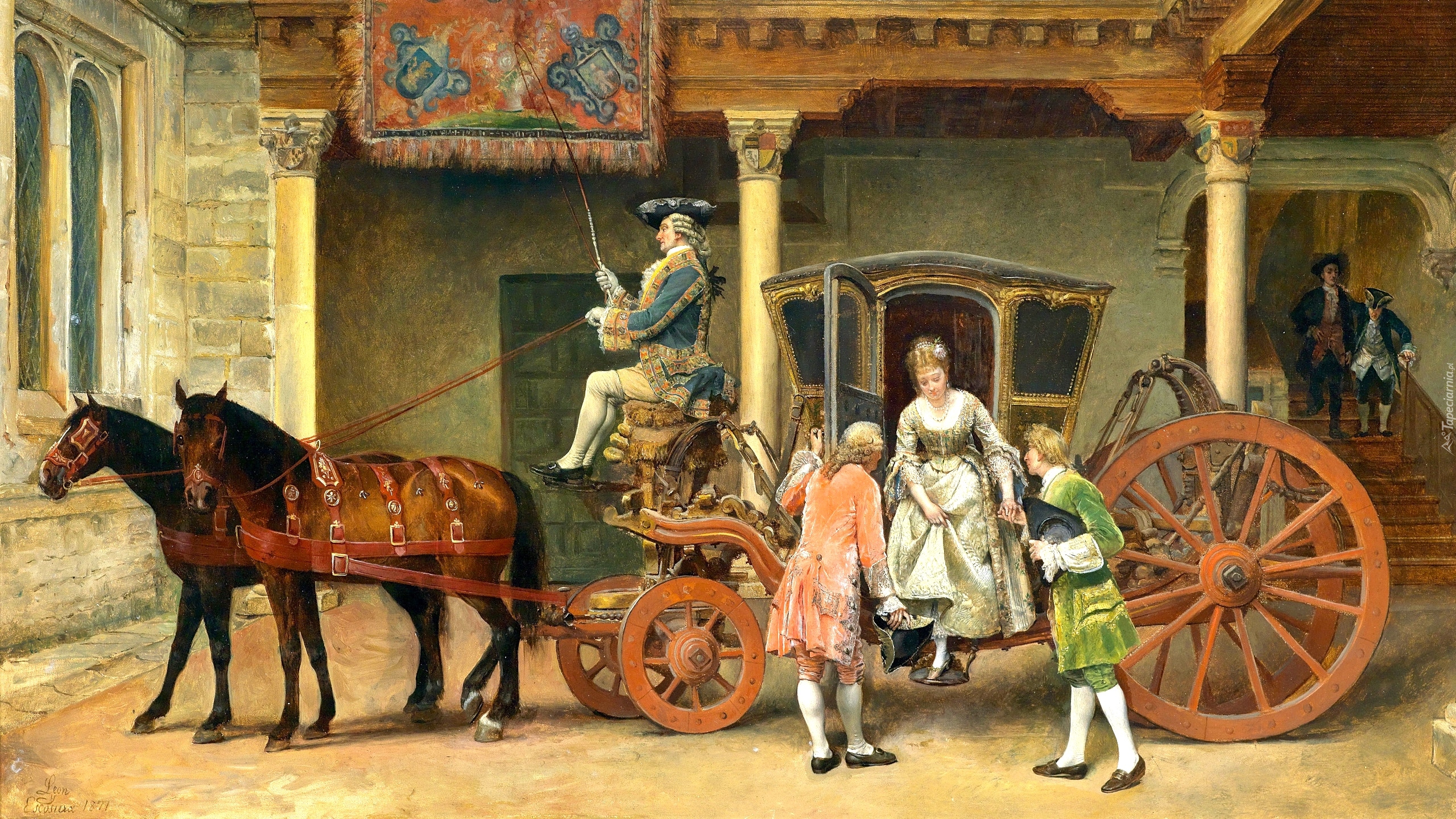 Malarstwo, Obraz, Ignacio Leon y Escosura, Zaprzęg konny, Konie, Karoca, Woźnica, Kobieta, Mężczyźni