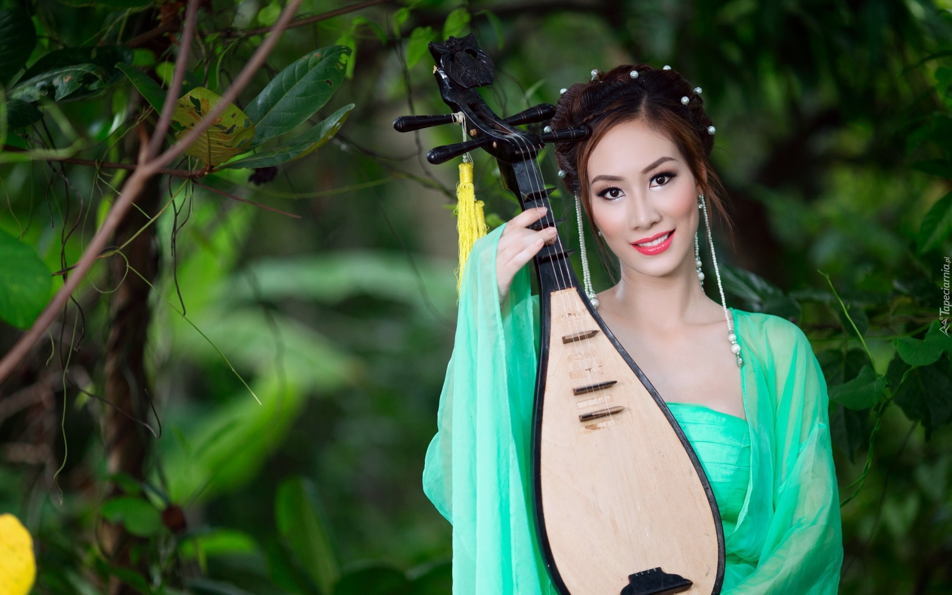 Kobieta, Azjatka, Instrument, Pipa, Drzewa