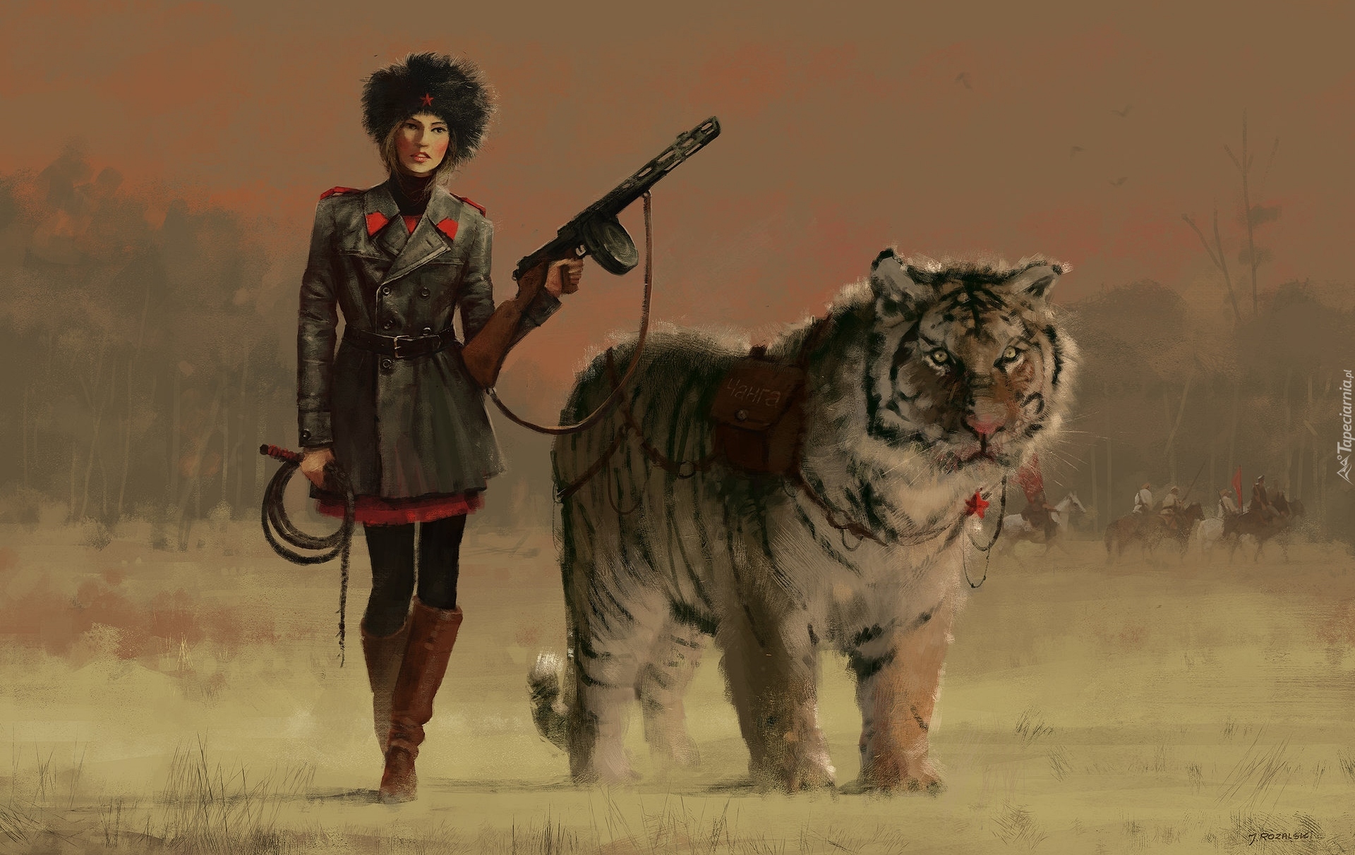 Kobieta, Broń, Pistolet maszynowy PPSz, Tygrys, Digital Art