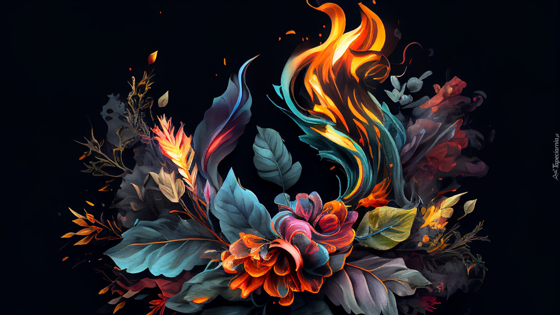 Kwiaty, Liście, Ogień, Czarne tło, Grafika