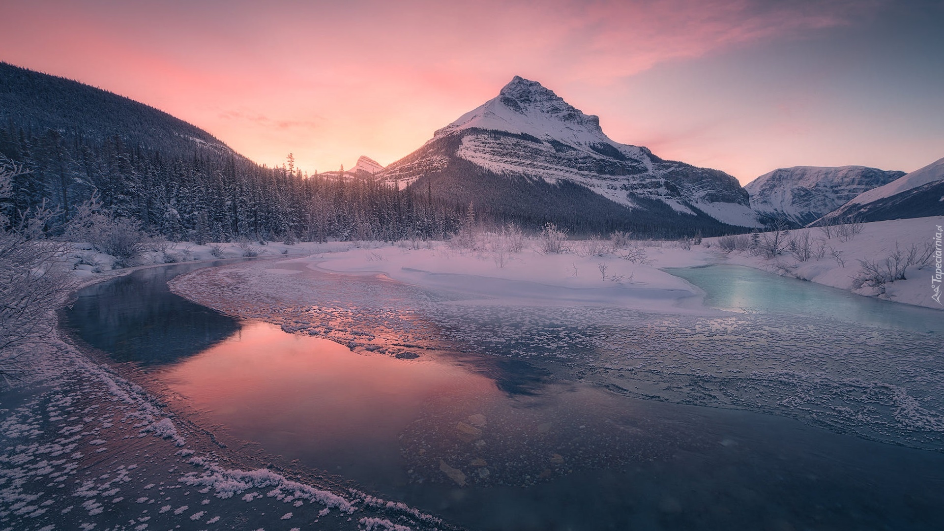 Zima, Góry Skaliste, Drzewa, Jezioro, Chmury, Alberta, Kanada