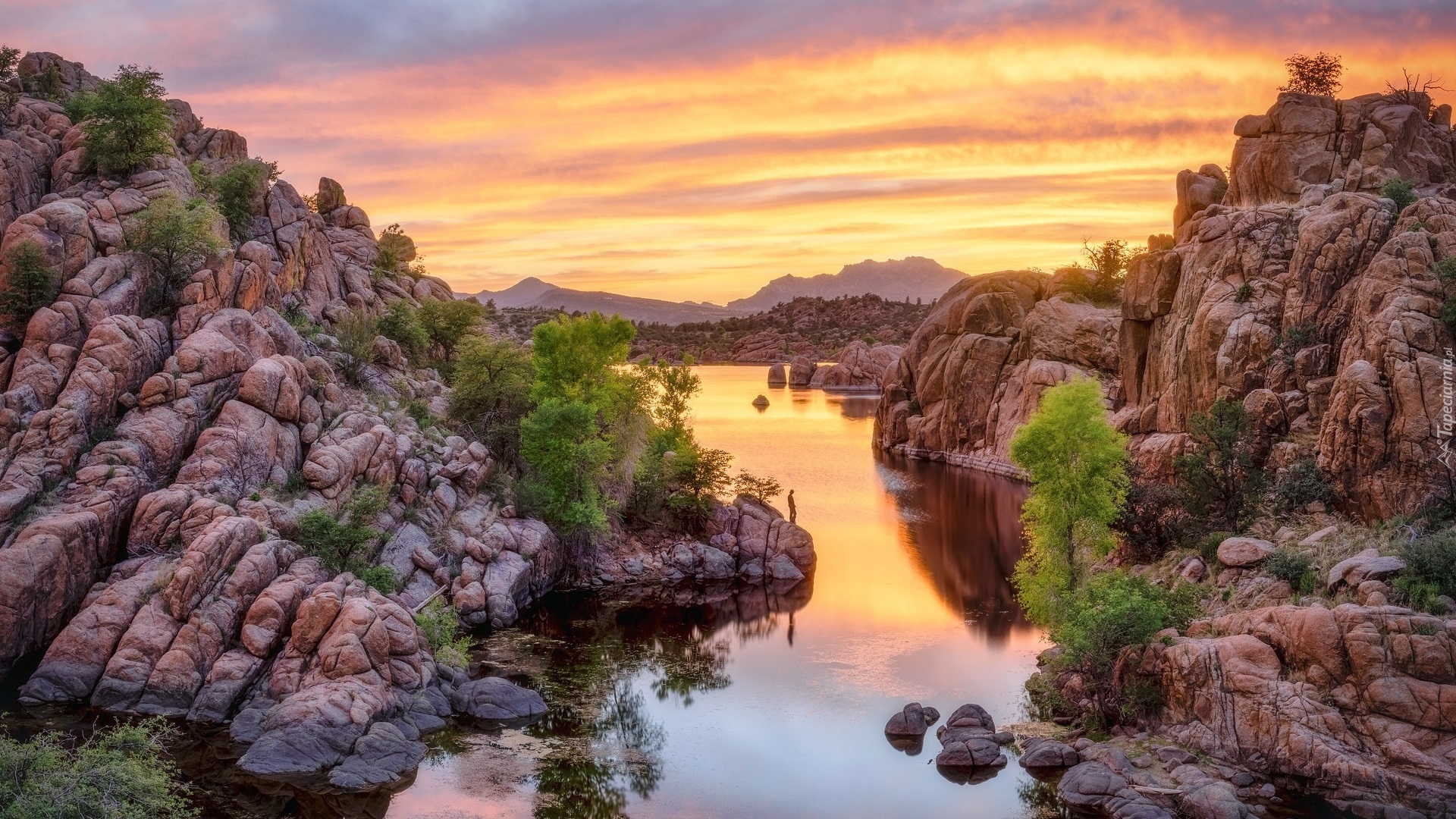 Skały, Drzewa, Jezioro, Watson Lake, Wschód słońca, Prescott, Arizona, Stany Zjednoczone