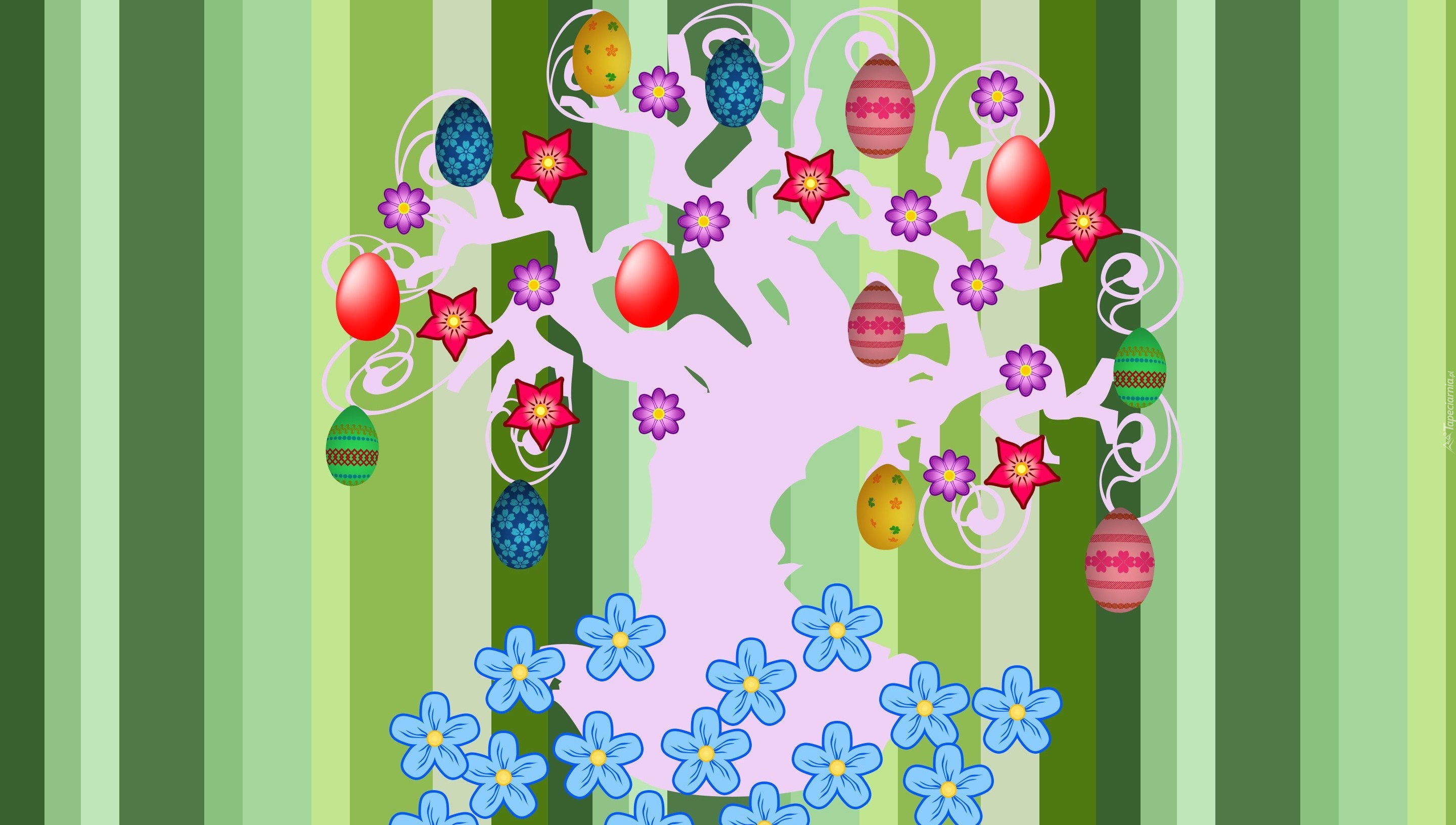 Wielkanoc, Drzewko, Pisanki, Kwiatki, Grafika 2D