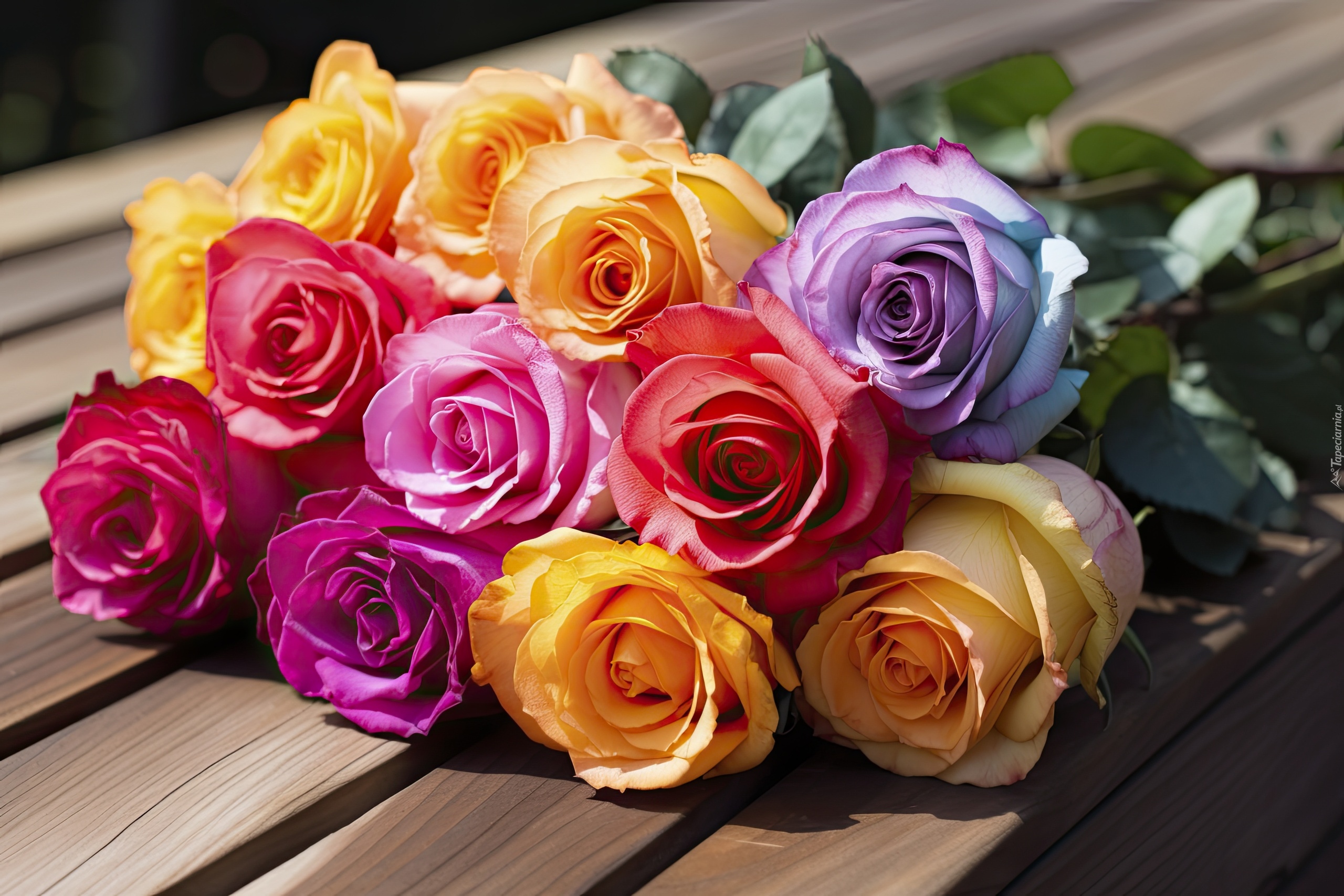 Kwiaty, Bukiet, Żółte, Różowe, Fioletowe, Róże
