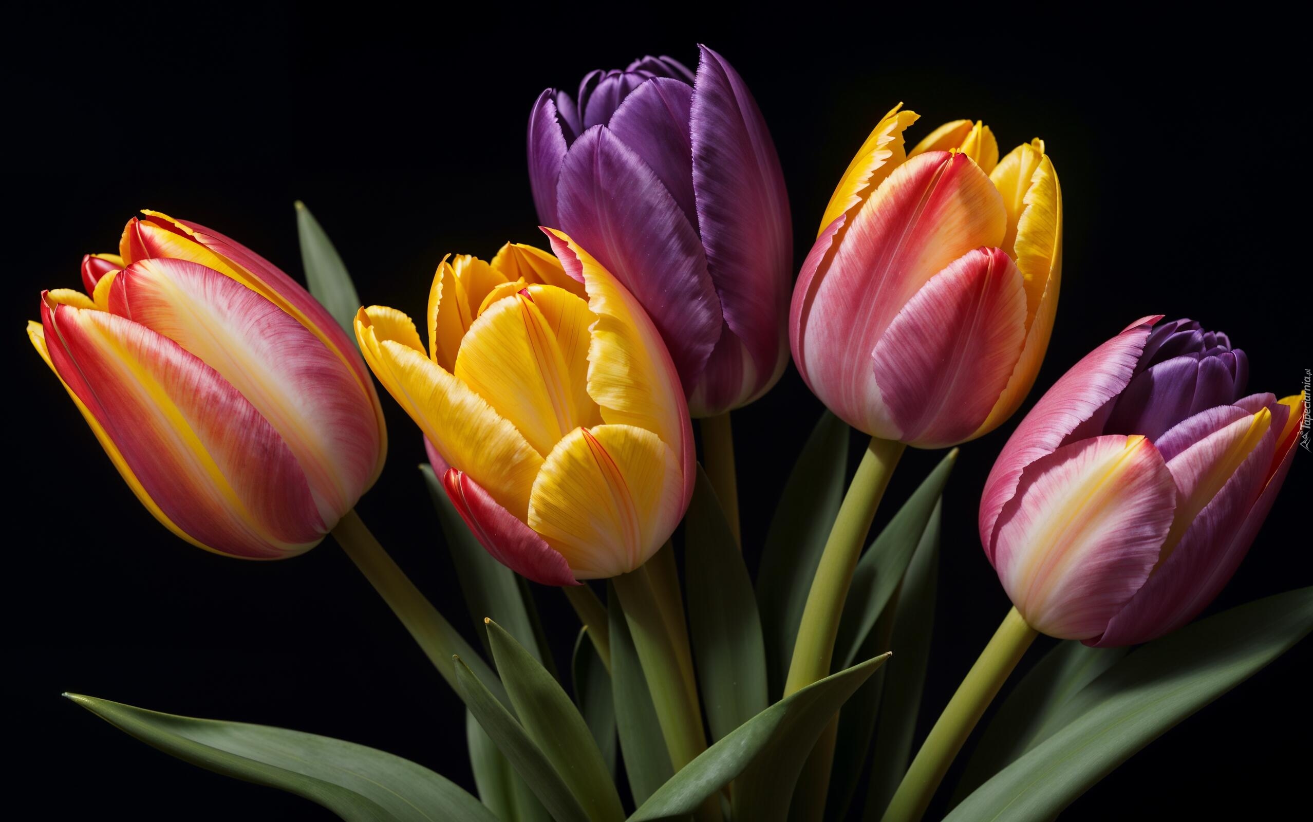 Tulipany, Kolorowe, Liście, Bukiet