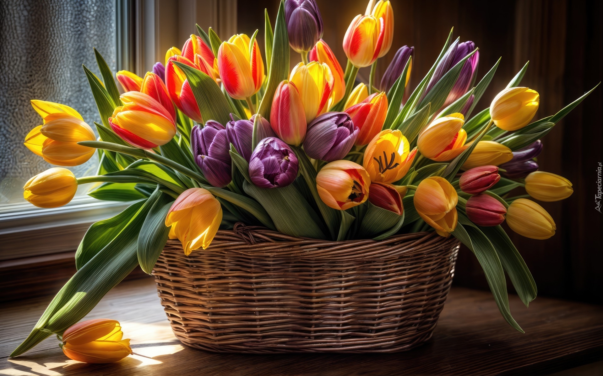Kwiaty, Tulipany, Fioletowe, Żółte, Czerwone, Koszyk, Okno