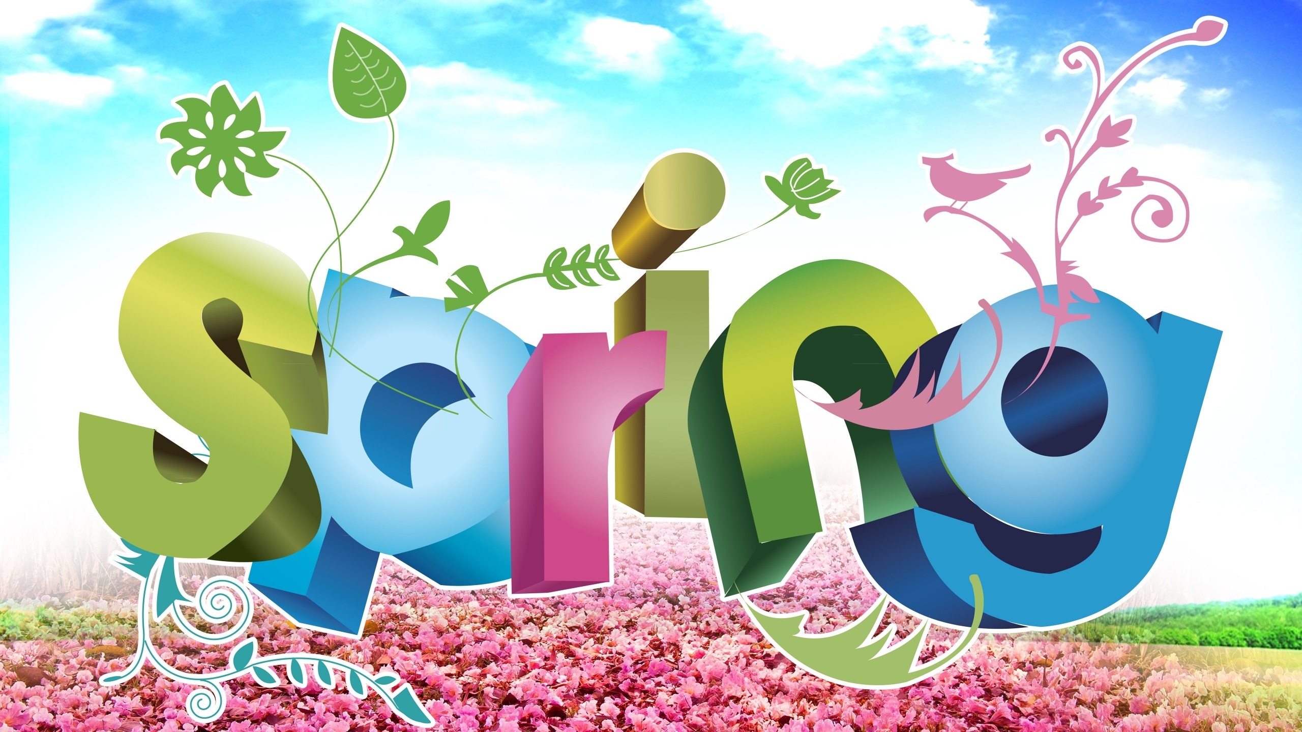 Wiosna, Kolorowy, Napis Spring, Grafika 2D