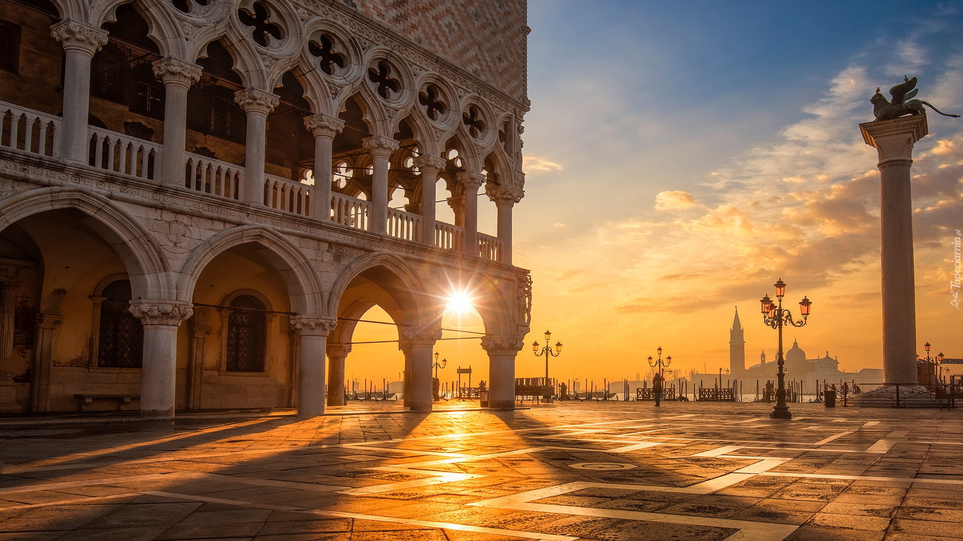 Włochy, Wenecja, Poranek, Kolumna św Marka, Piazzetta San Marco, Pałac Dożów, Latarnie