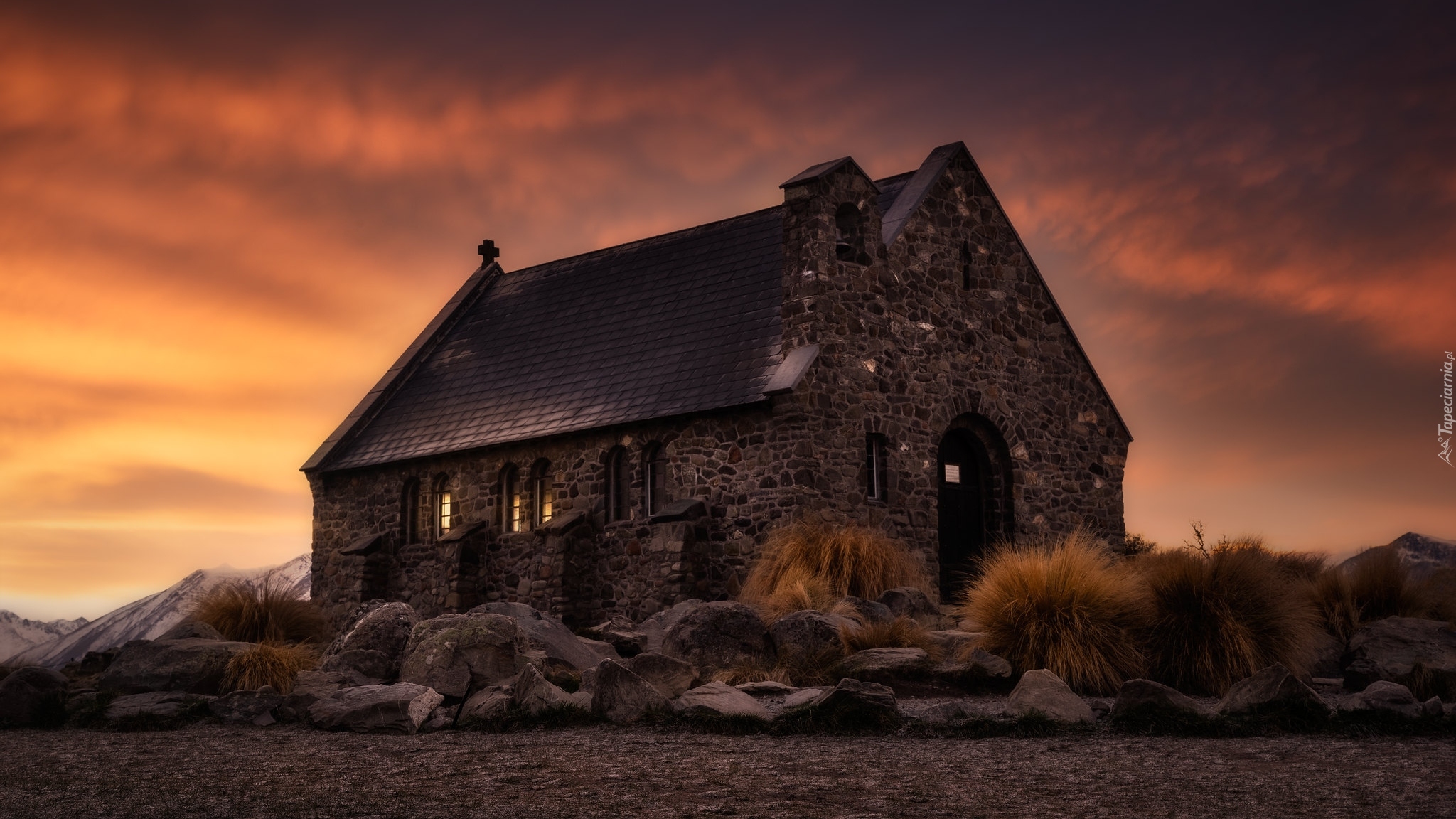 Zachód słońca, Kościół Dobrego Pasterza, Church of the Good Shepherd, Wyspa Południowa, Nowa Zelandia