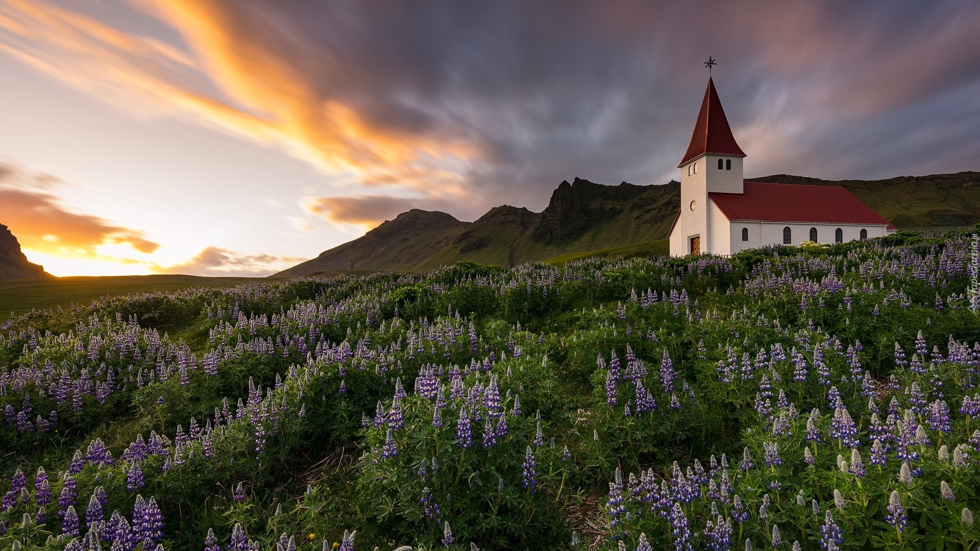 Kościół, Łąka, Łubin, Góry, Chmury, Vik i Myrdal, Islandia