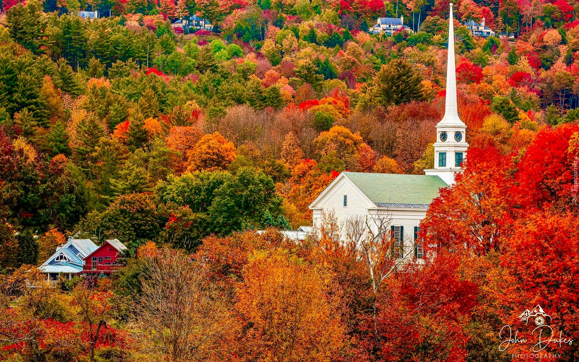 Stany Zjednoczone, Vermont, Stowe, Kościół, Stowe Community Church, Domy, Drzewa, Jesień