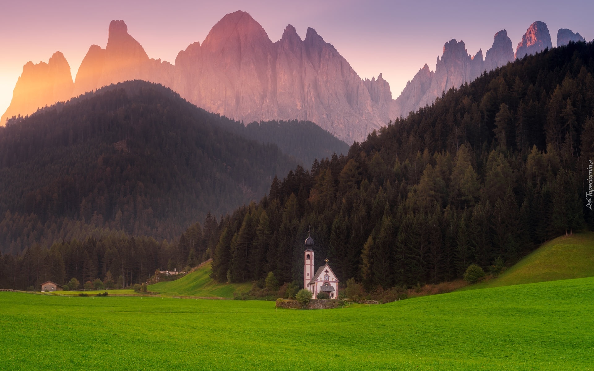 Włochy, Południowy Tyrol, Góry, Dolomity, Kościół św Jana, Wieś, Santa Maddalena, Dolina, Val di Funes, Las