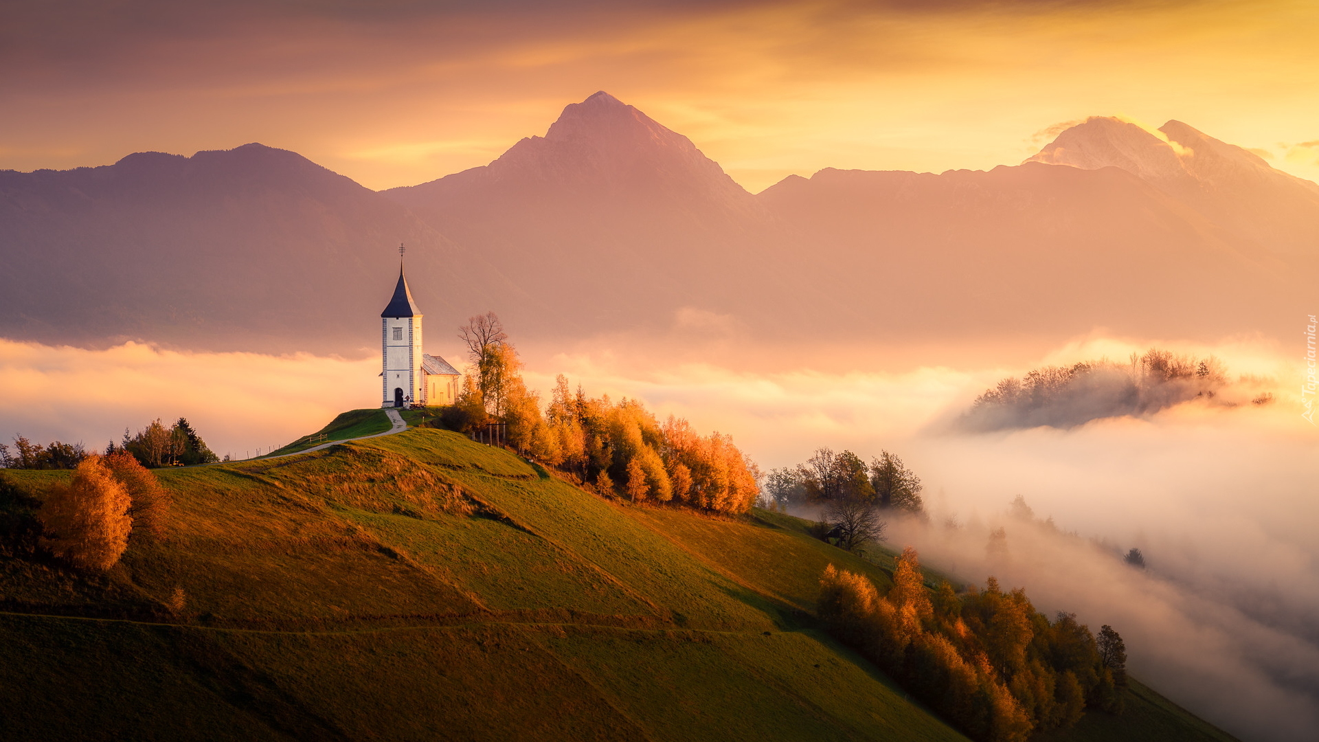 Kościół św Primusa i Felicjana, Mgła, Wzgórze, Góry, Drzewa, Jesień, Wieś Jamnik, Słowenia