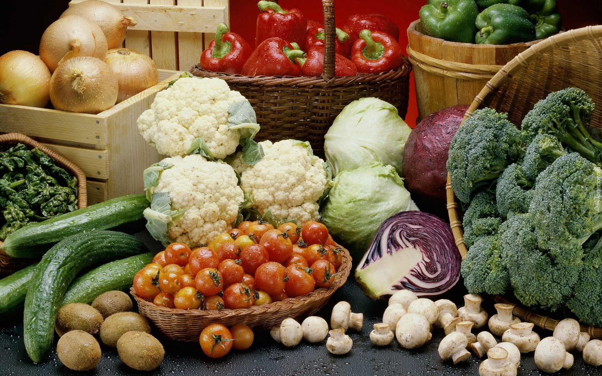 Warzywa, Cebula, Kalafiory, Brokuły, Pomidory, Pieczarki, Kapusta, Czerwona, Ogórki, Papryka