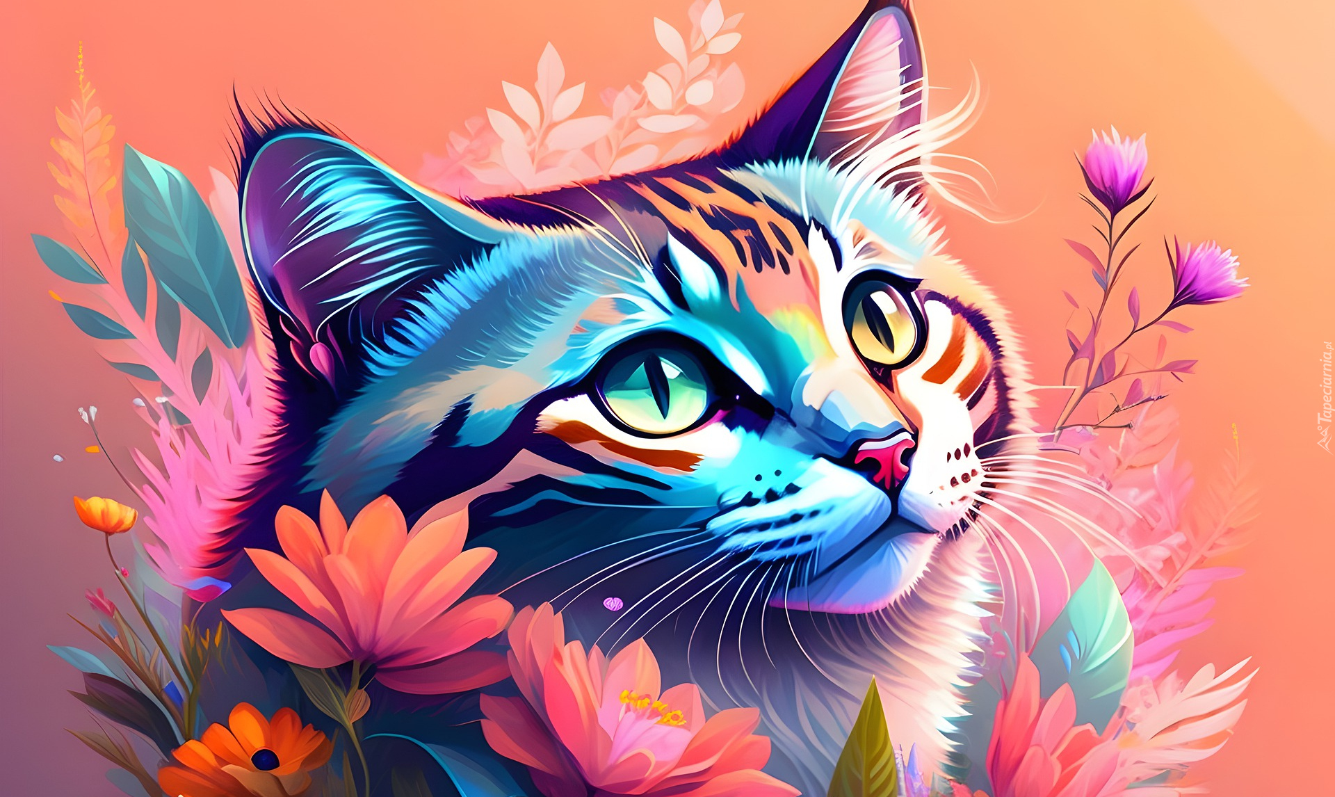 Kot, Głowa, Oczy, Kolorowe, Kwiaty, Grafika 2D