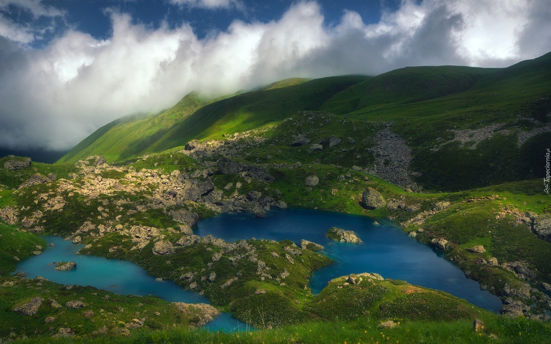 Góry, Kaukaz, Sadzawki, Chmury, Skały, Tuszetia, Gruzja