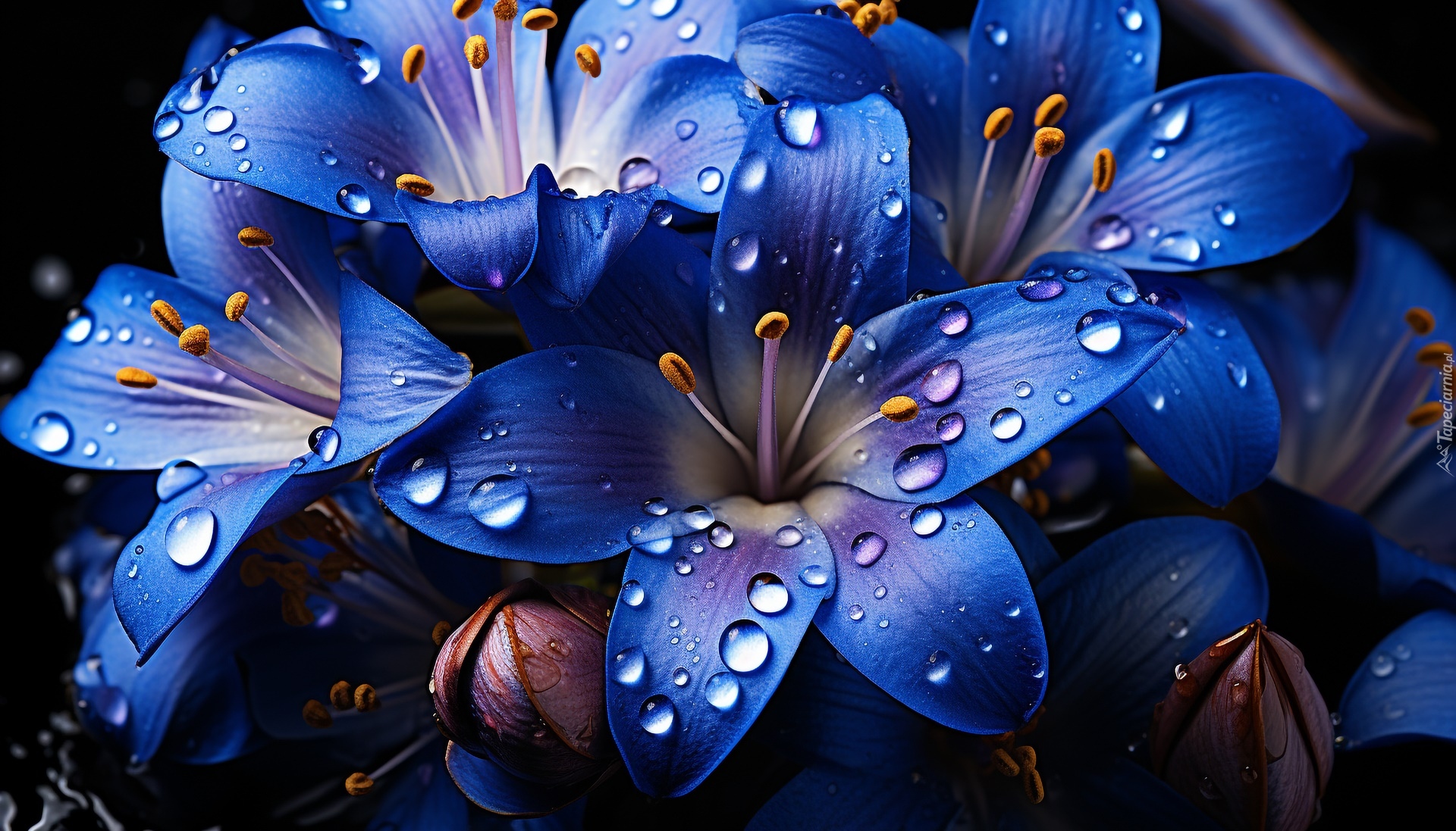 Niebieskie, Kwiaty, Krople, Grafika