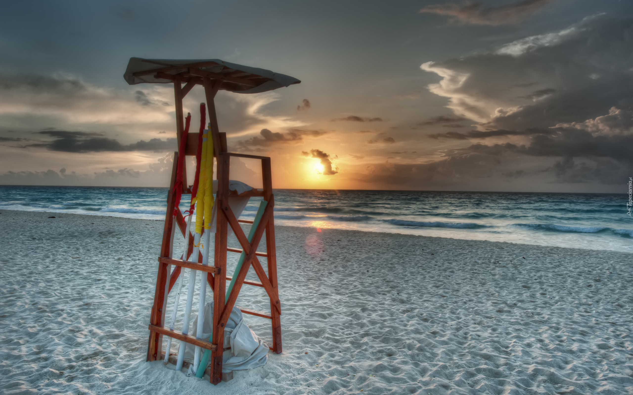 Meksyk, Cancún, Krzesło, Ratownika, Plaża, Morze Karaibskie, Zachód słońca