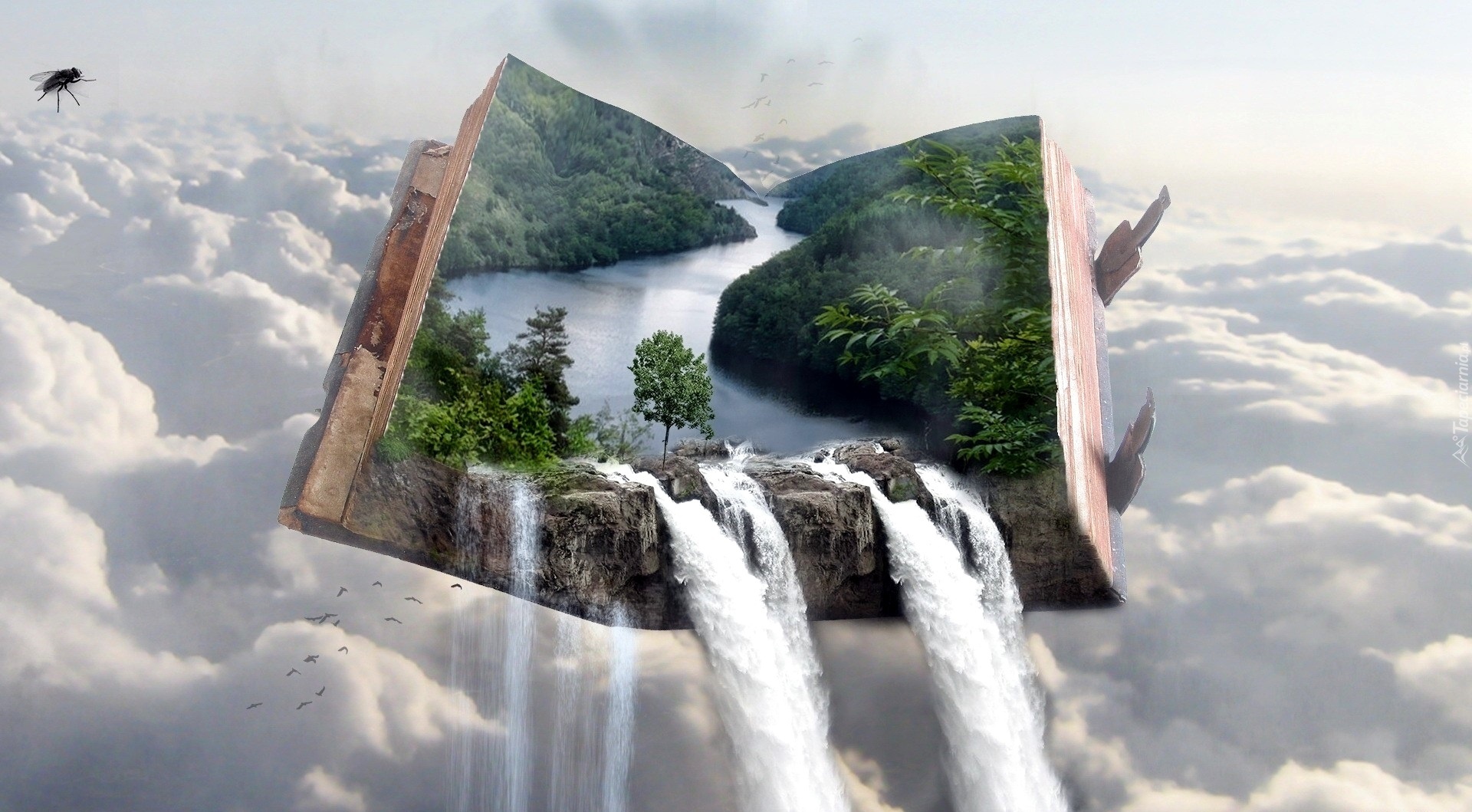 Grafika, 4D, Chmury, Księga, Wodospad, Rzeka, Drzewa