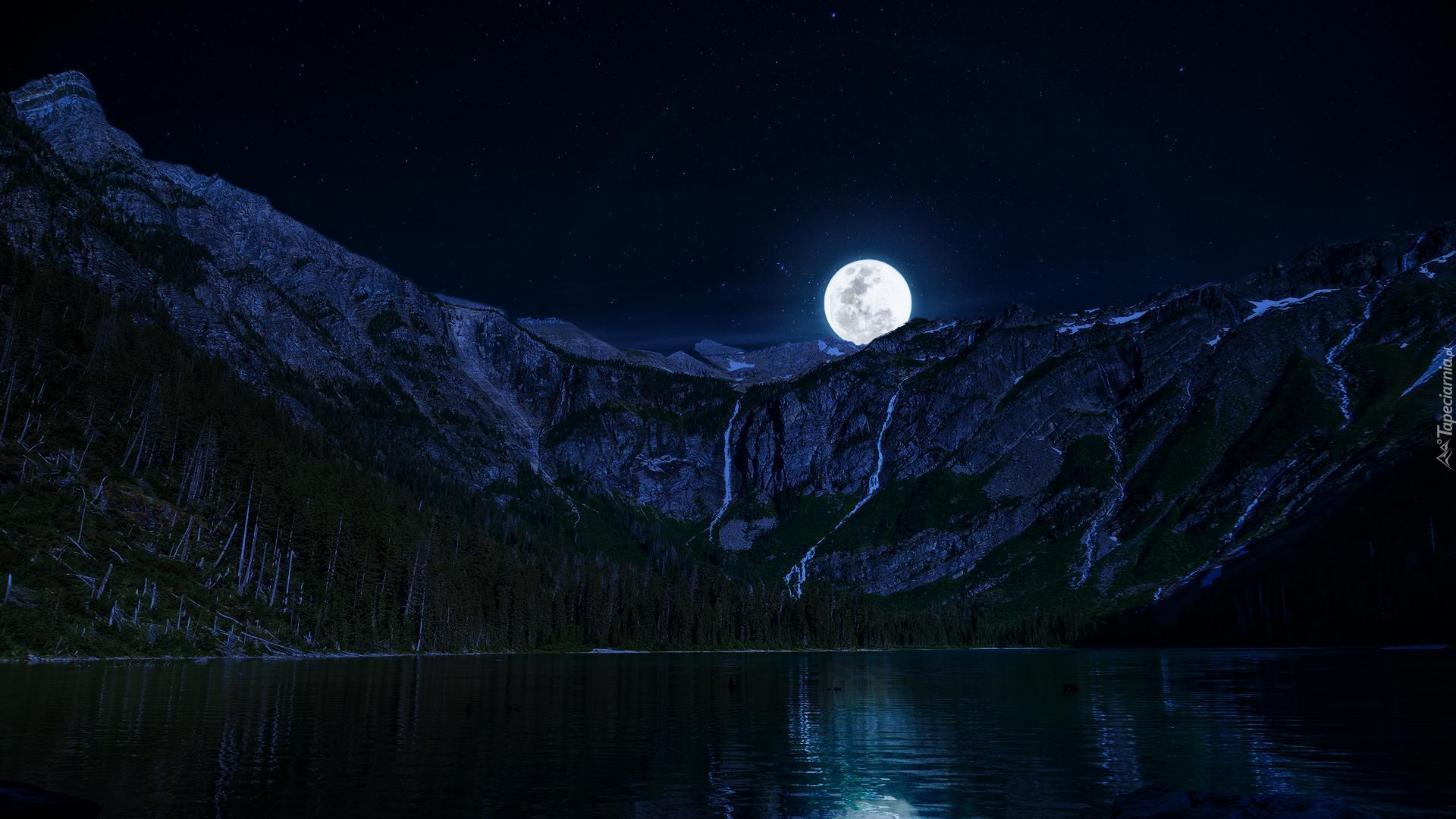 Noc, Księżyc, Jezioro, Góry, Odbicie, Gwiazdy, Niebo
