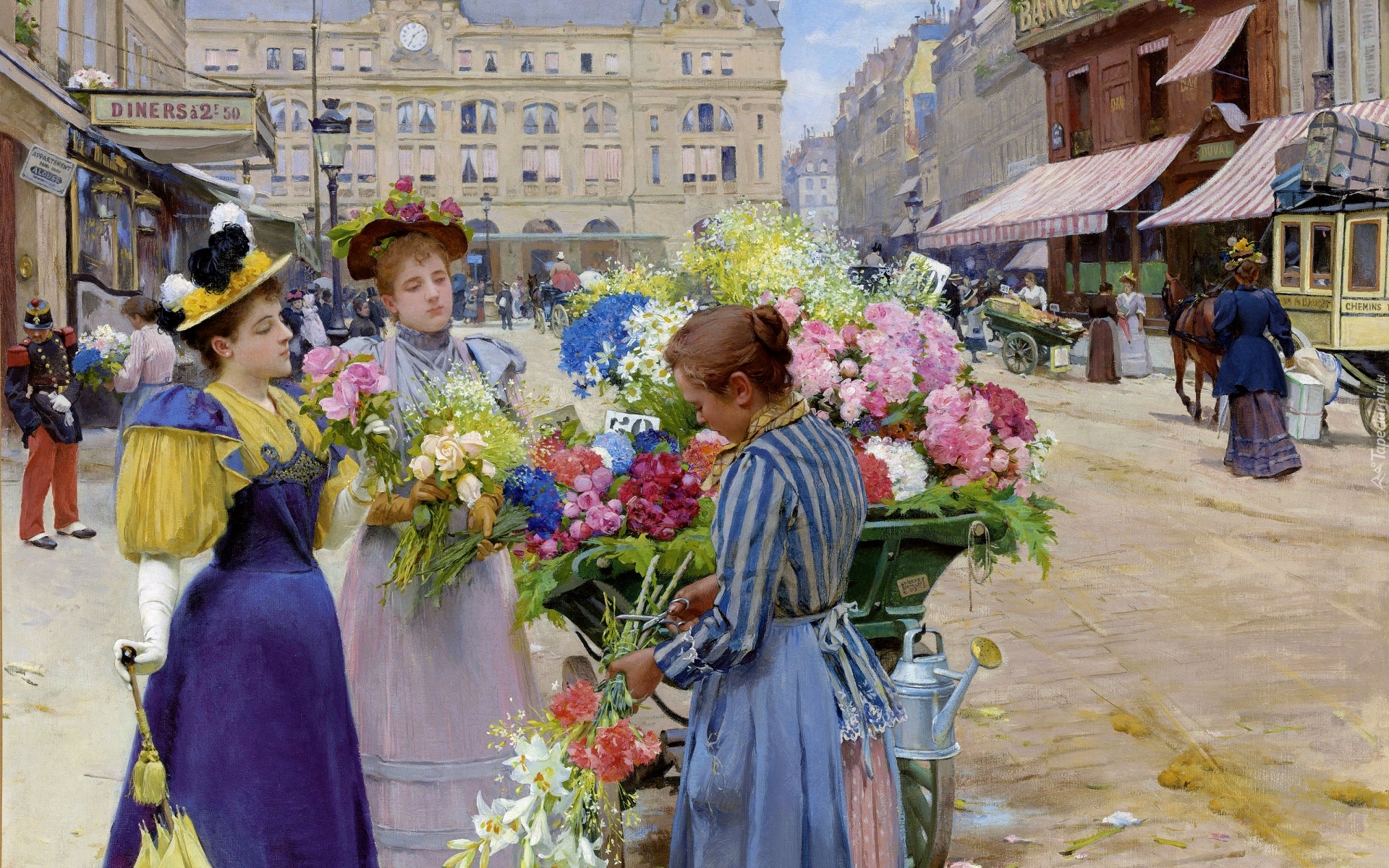 Obraz, Malarstwo, Louis Marie de Schryver, Kobiety, Ulica, Domy, Kwiaty
