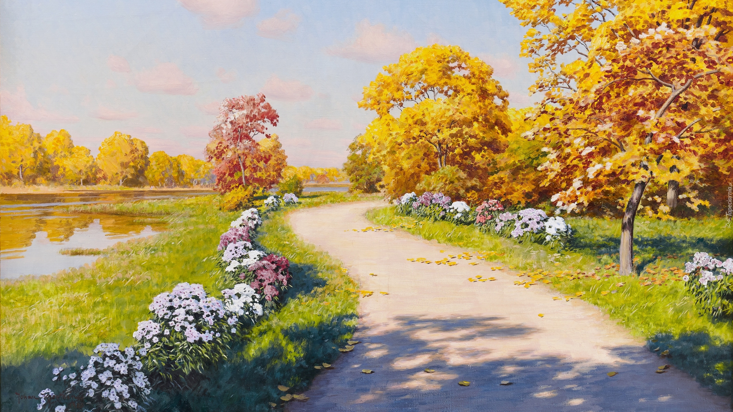 Malarstwo, Obraz, Johan Krouthen, Ścieżka, Kwiaty, Drzewa, Jezioro, Jesień