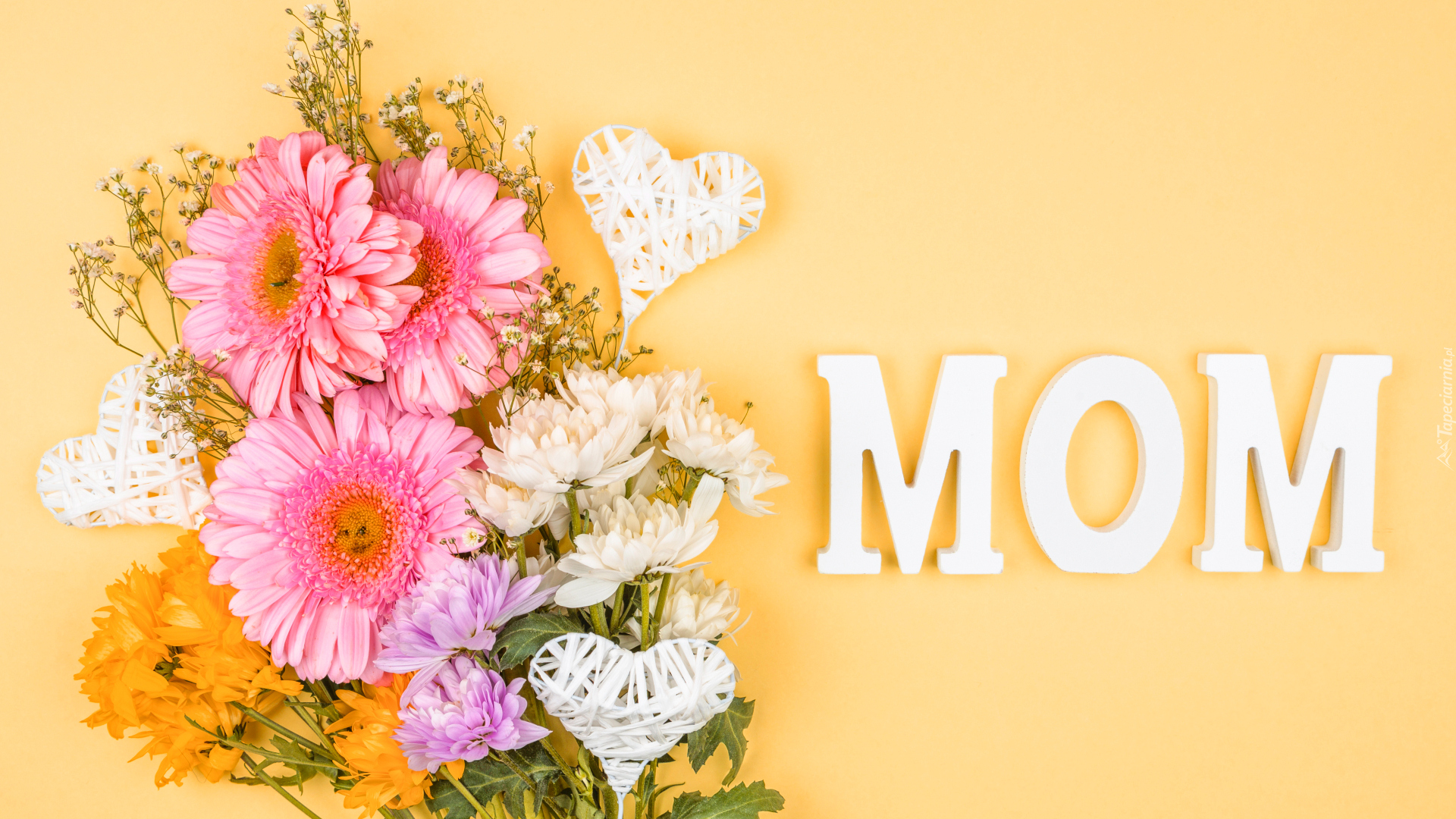 Kwiaty, Kolorowe, Gerbery, Serduszka, Napis, Mom, Dzień Matki