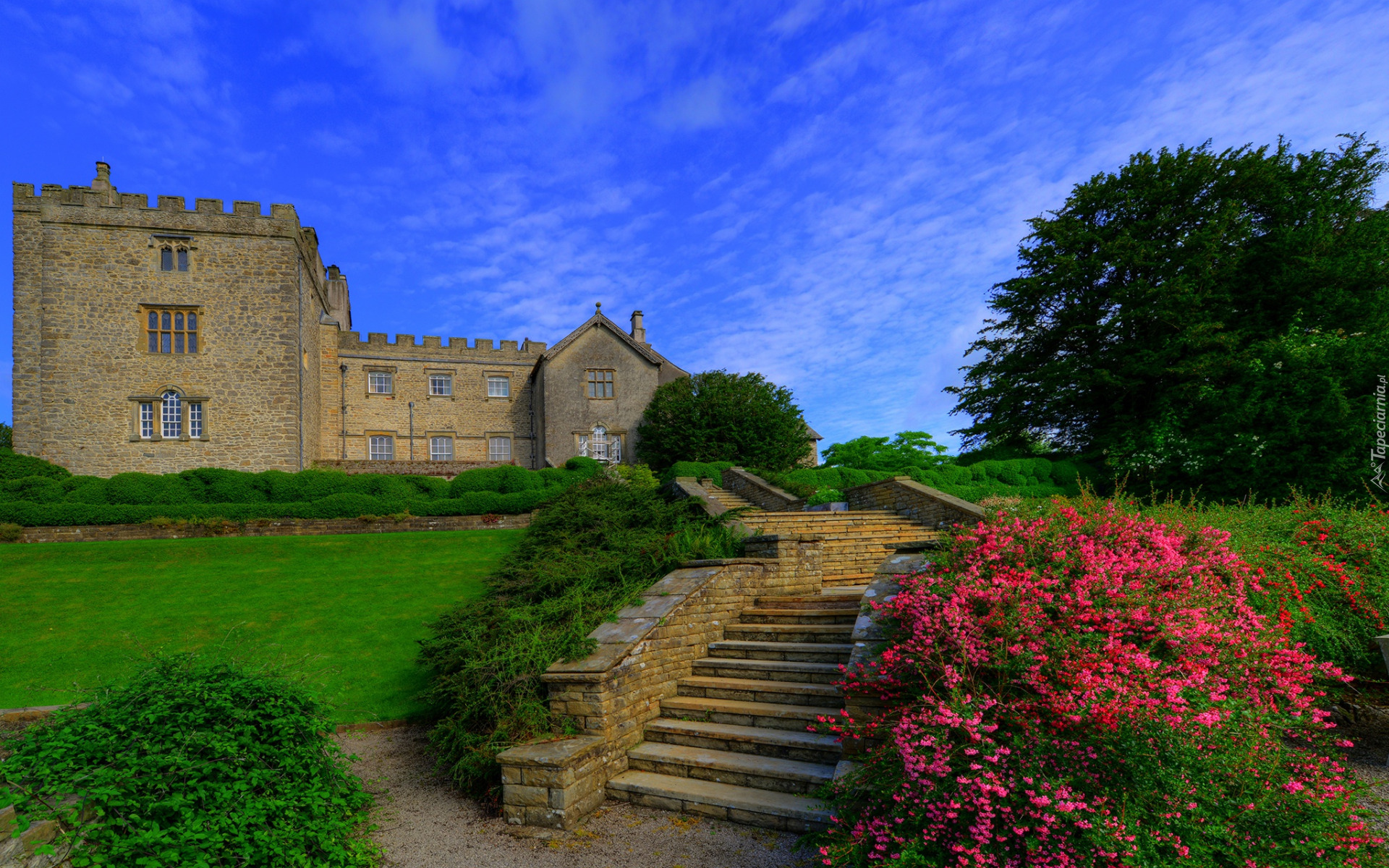 Zamek Sizergh, Sizergh Castle and Garden, Schody, Ogród, South Lakeland, Kumbria, Anglia