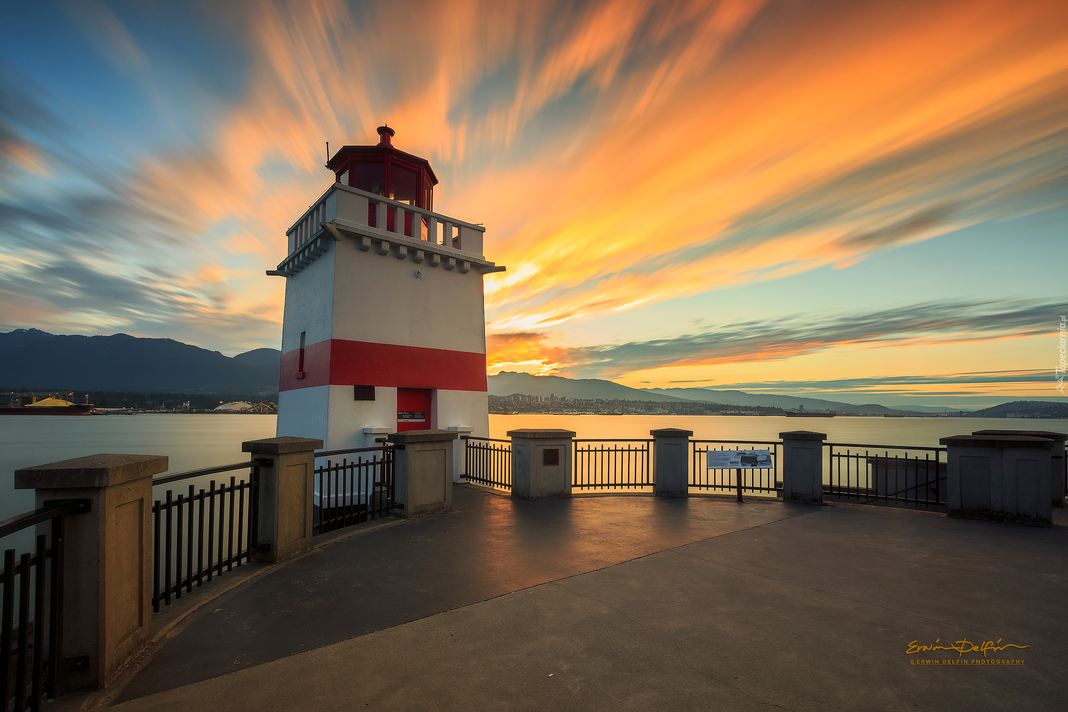 Morze, Latarnia morska, Brockton Point, Góry, Wschód słońca, Vancouver, Kanada