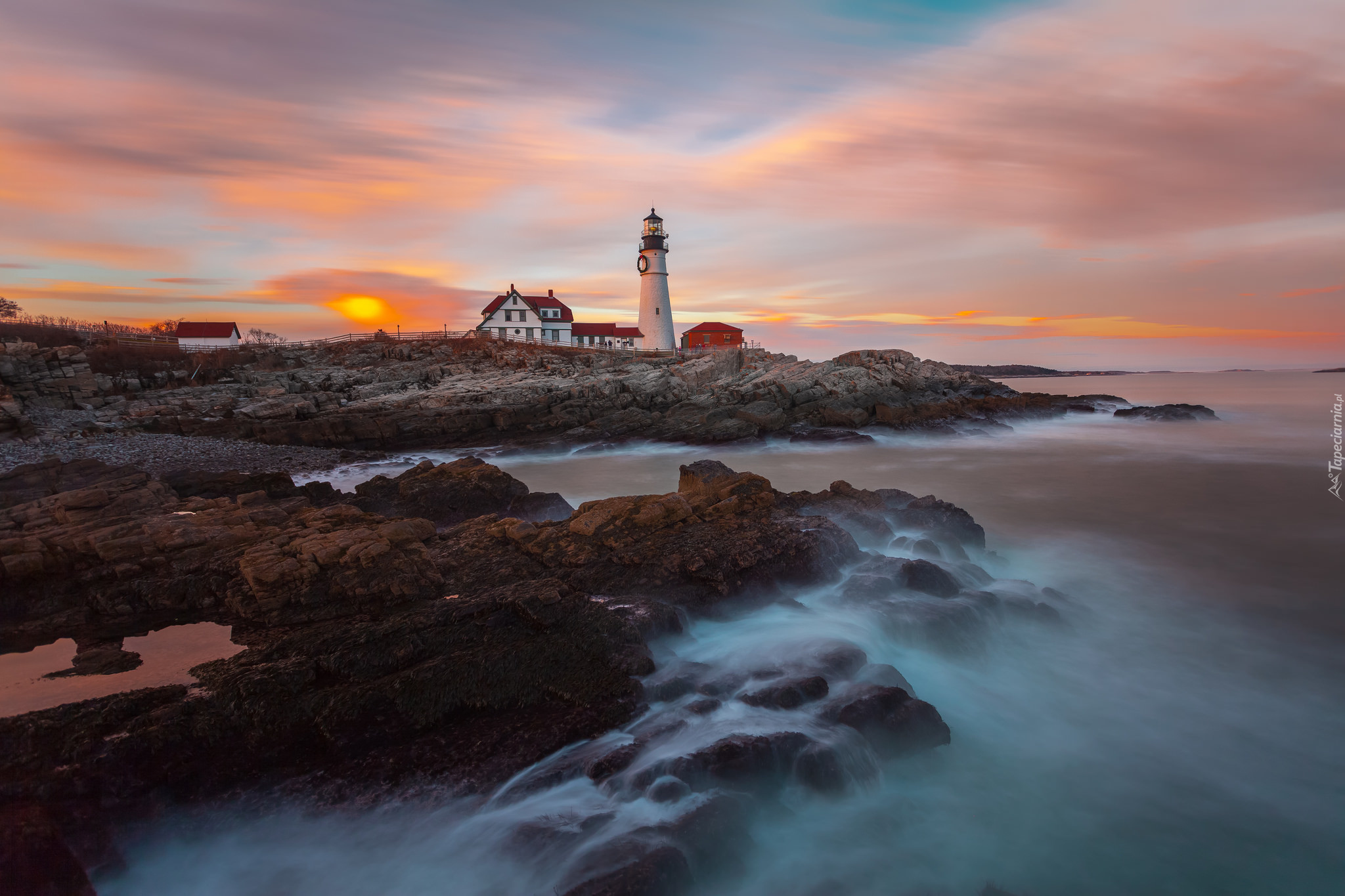 Latarnia morska, Portland Head Light, Morze, Skały, Zatoka Casco, Cape Elizabeth, Stan Maine, Stany Zjednoczone