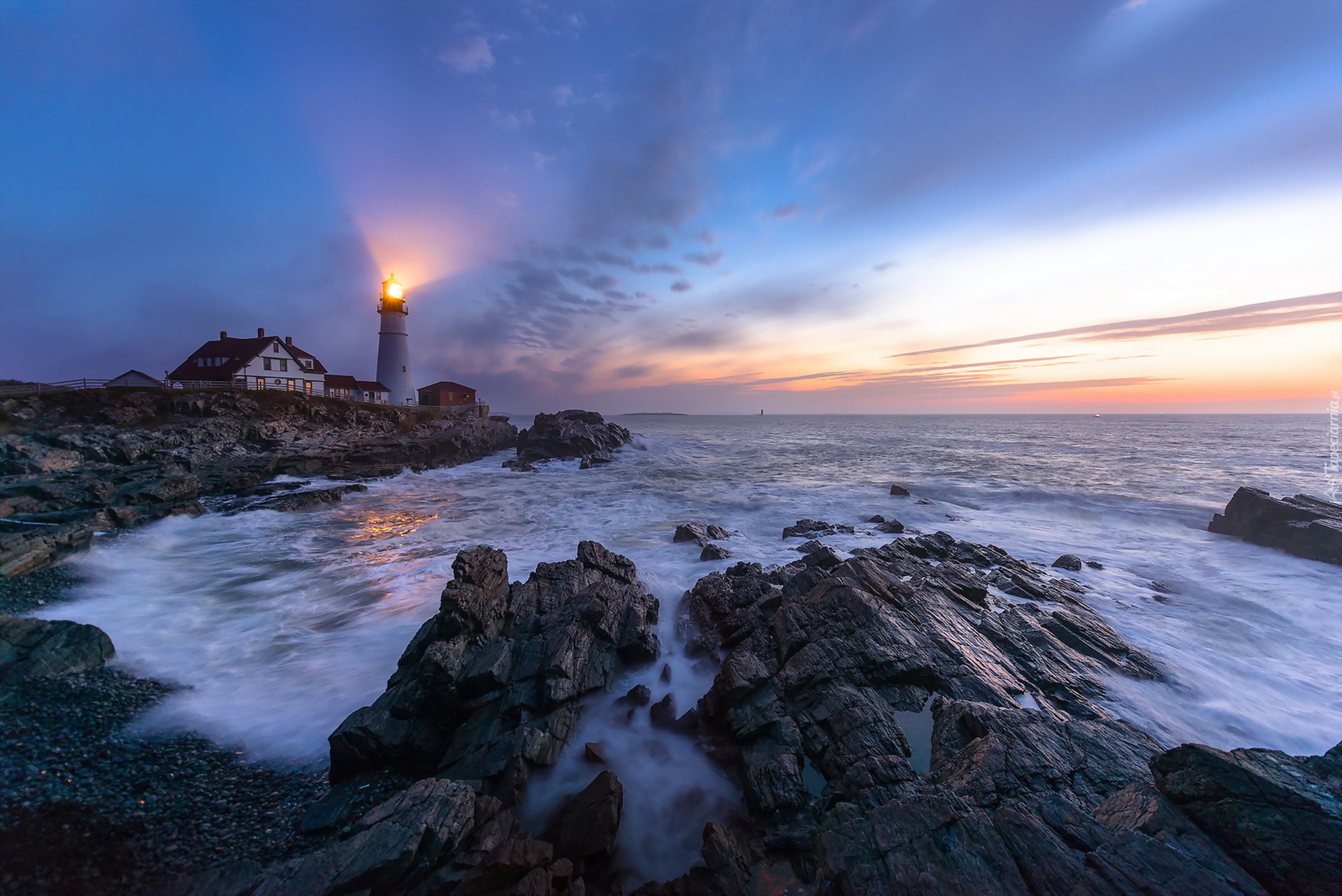 Stany Zjednoczone, Stan Maine, Latarnia morska Portland Head Light, Skały, Morze