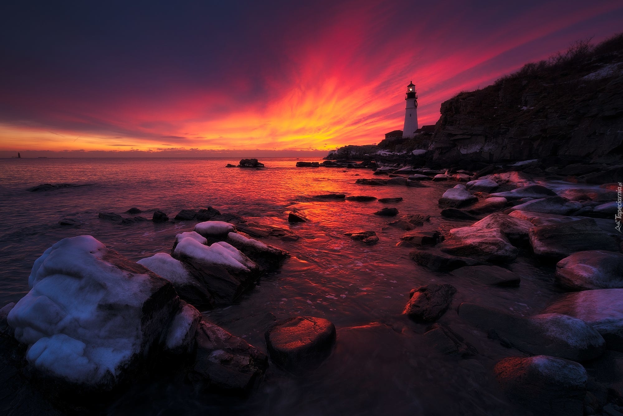 Stany Zjednoczone, Stan Maine, Cape Elizabeth, Latarnia morska Portland Head Light, Wybrzeże, Skały, Zachód słońca