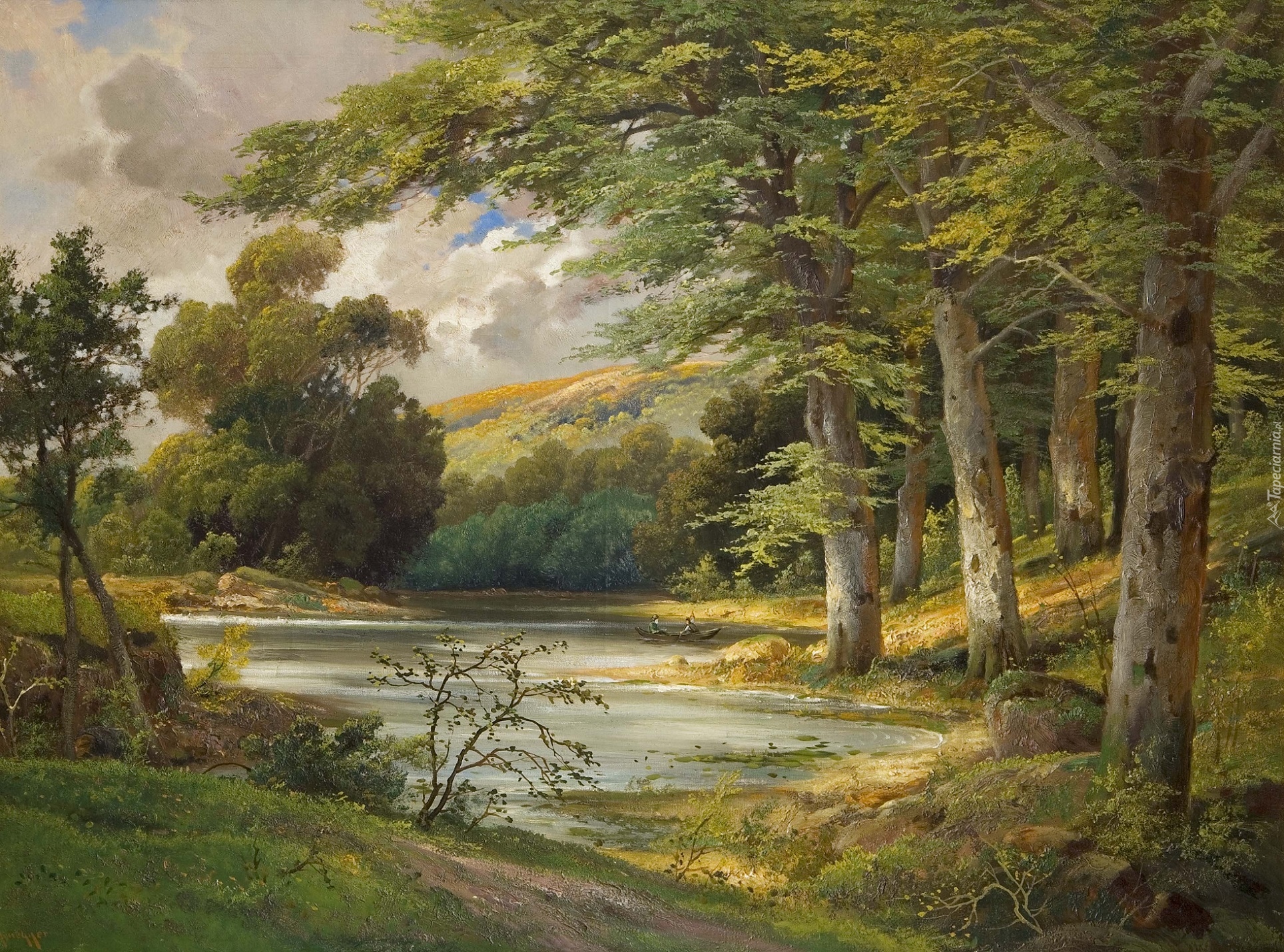 Obraz, Alois Arnegger, Malarstwo, Jezioro, Łódka, Ludzie, Drzewa