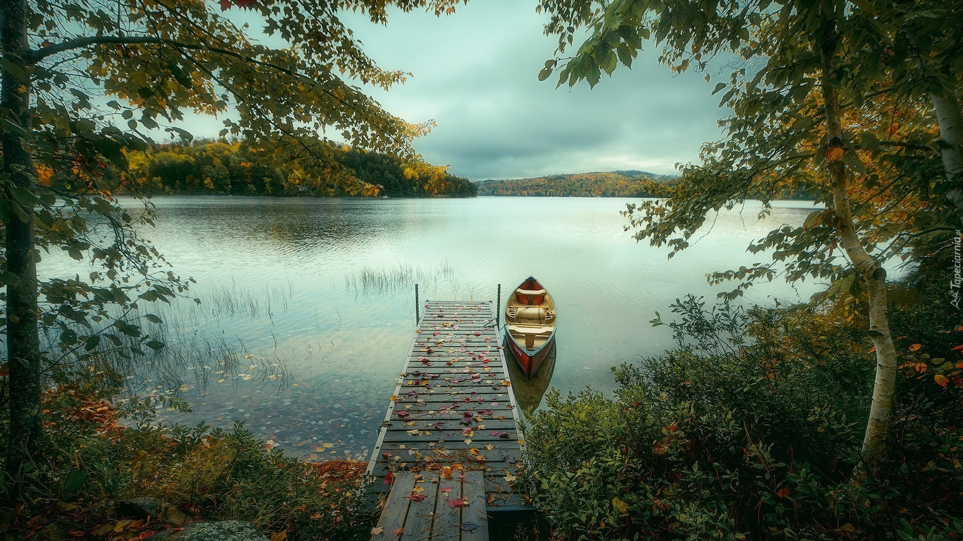 Jesień, Jezioro, Pomost, Łódka, Drzewa