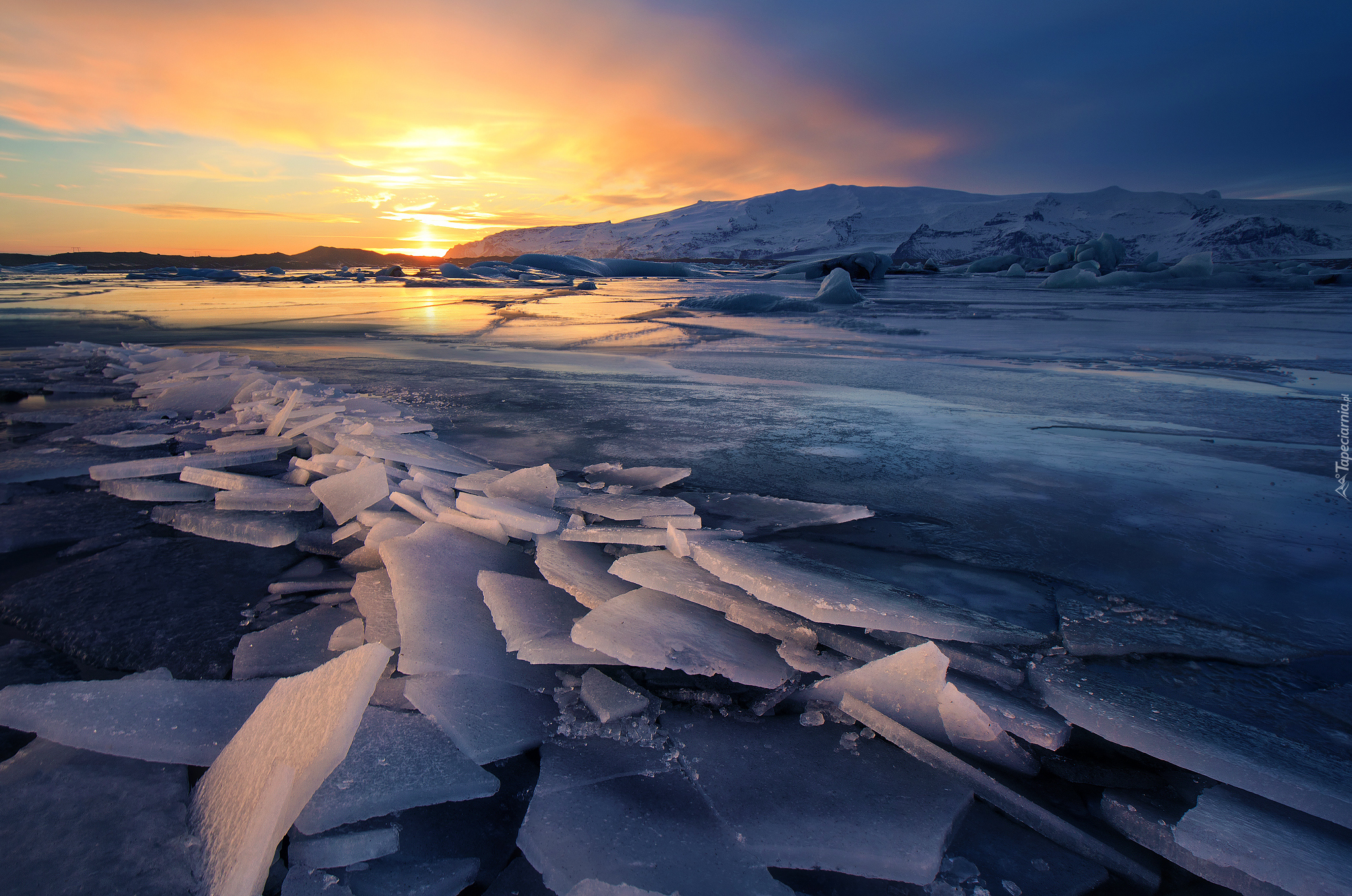 Islandia, Lodowiec Eyjafjallajökull, Zima, Lód, Kra, Wschód słońca