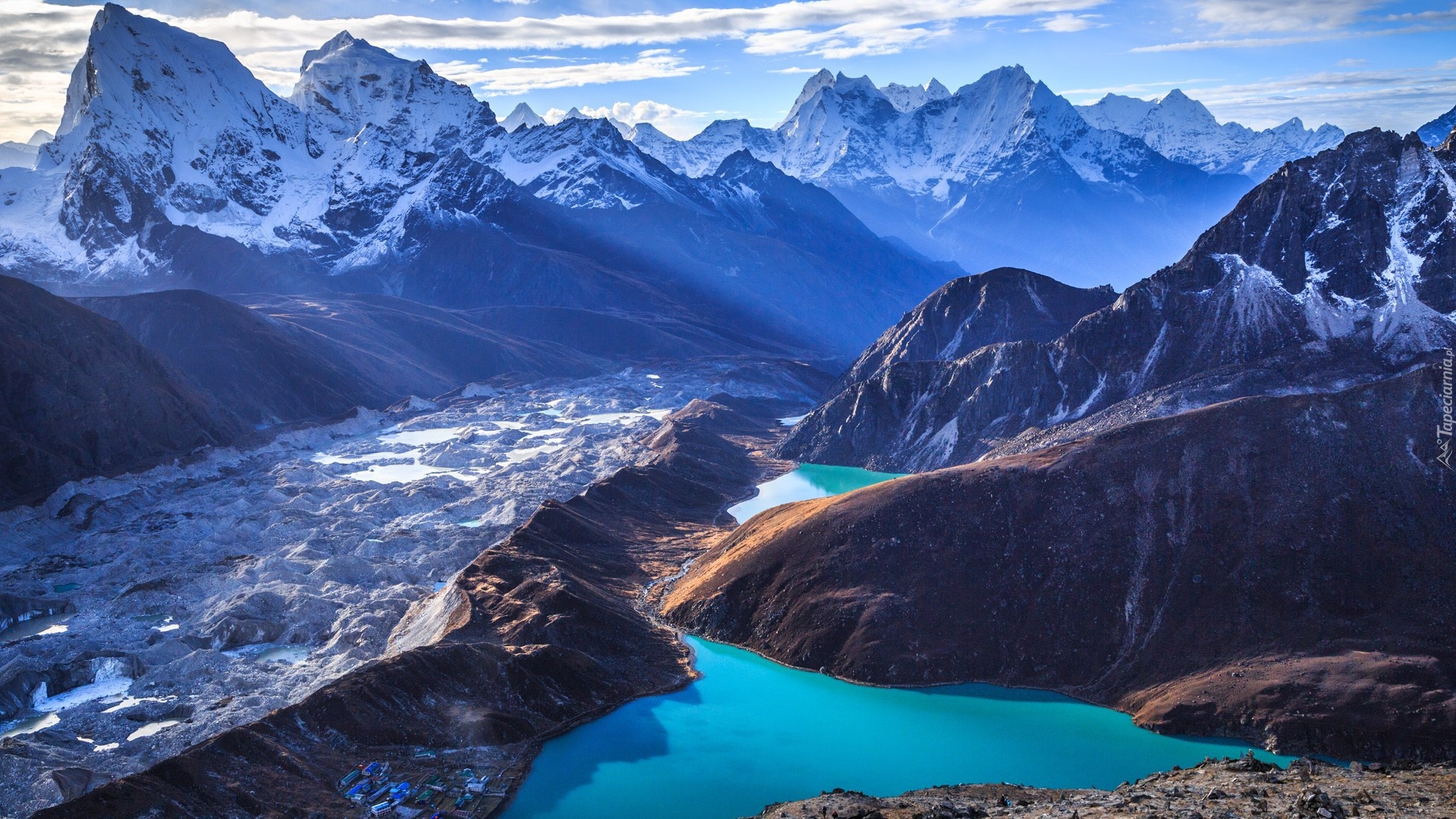Niebo, Ośnieżone, Góry, Himalaje, Jezioro Gokyo, Śnieg, Lodowiec Ngozumpa, Park Narodowy Sagarmatha, Nepal