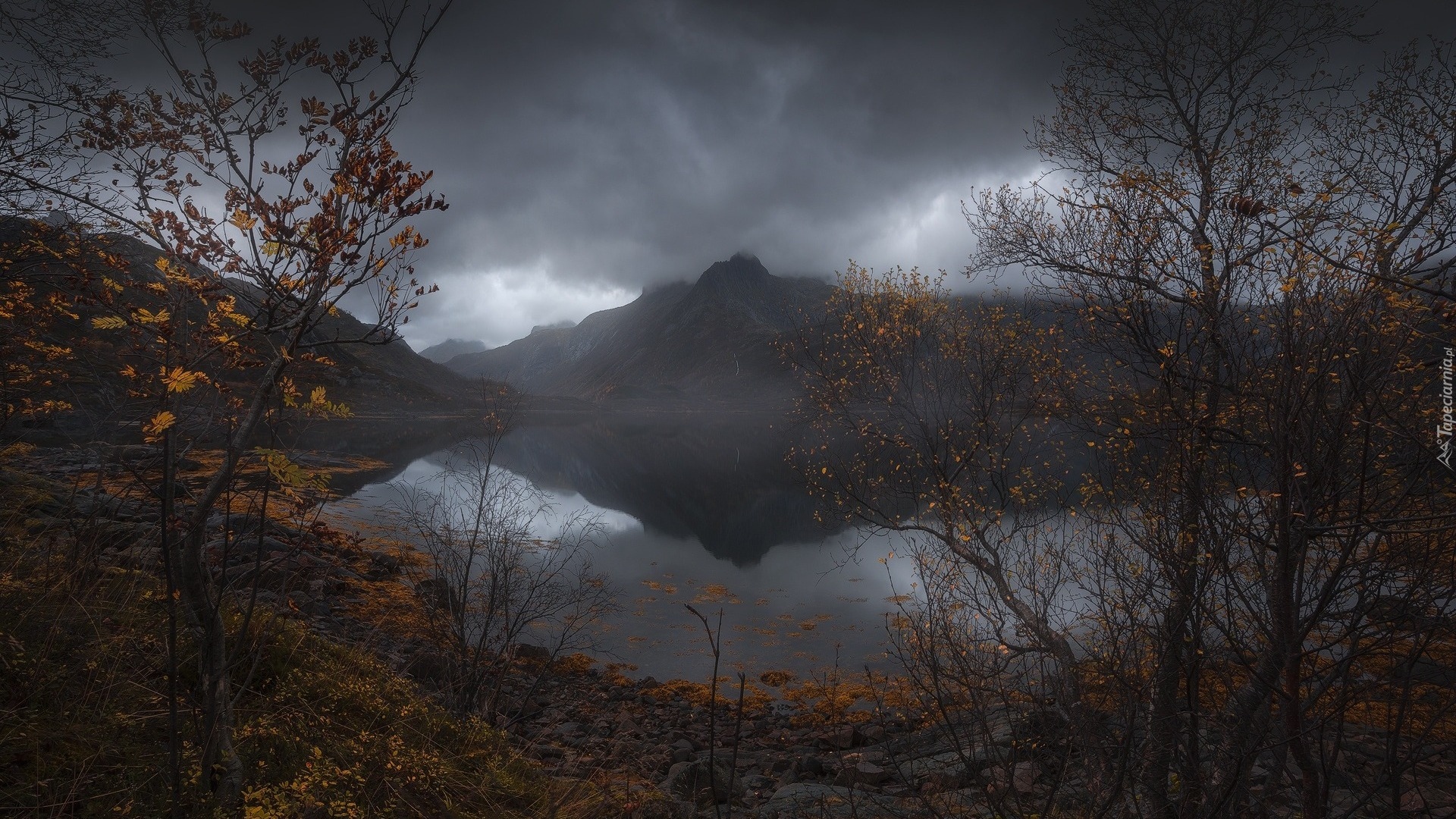 Norwegia, Lofoty, Jesień, Chmury, Góry, Skały, Drzewa